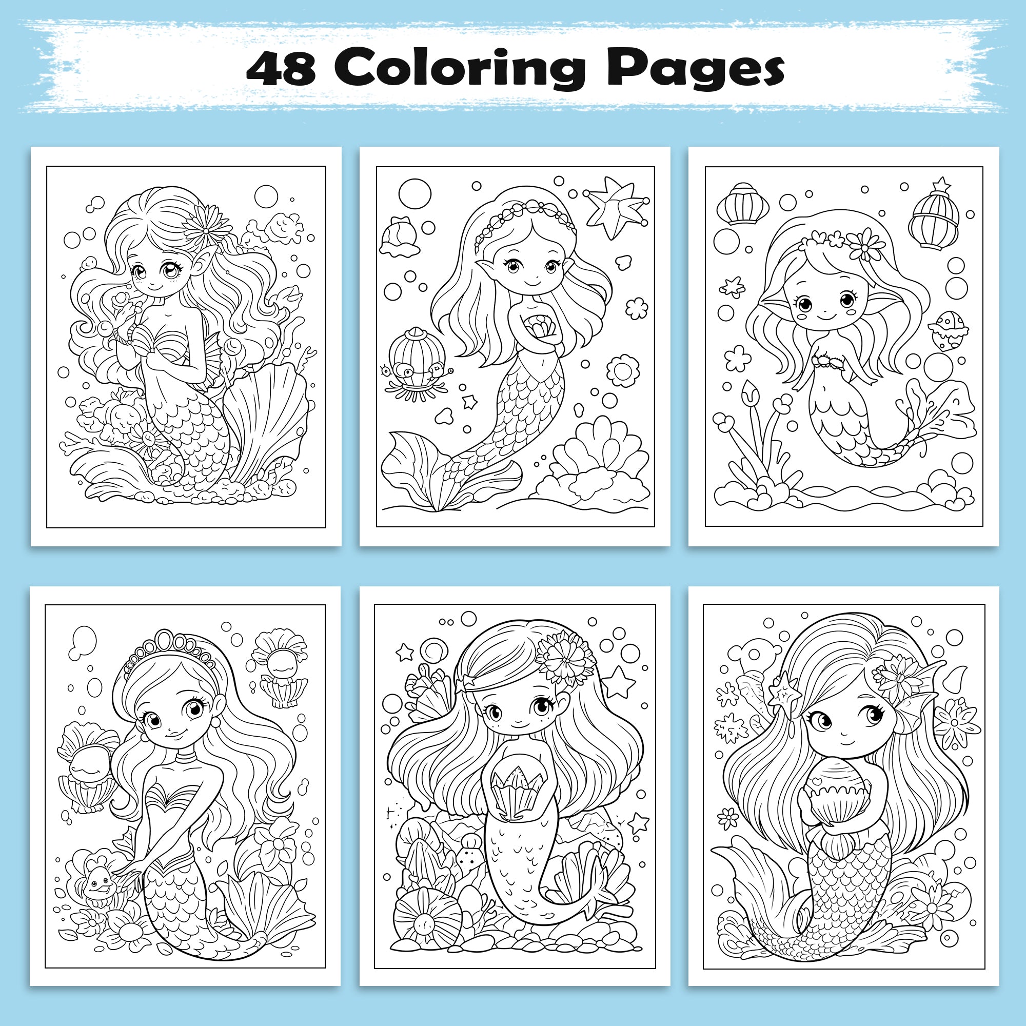 Kawaii Mermaid Magic Coloring Pages – 48 Pages – Cute Ocean, Mermaid, and Sea Life Designs – For Kids