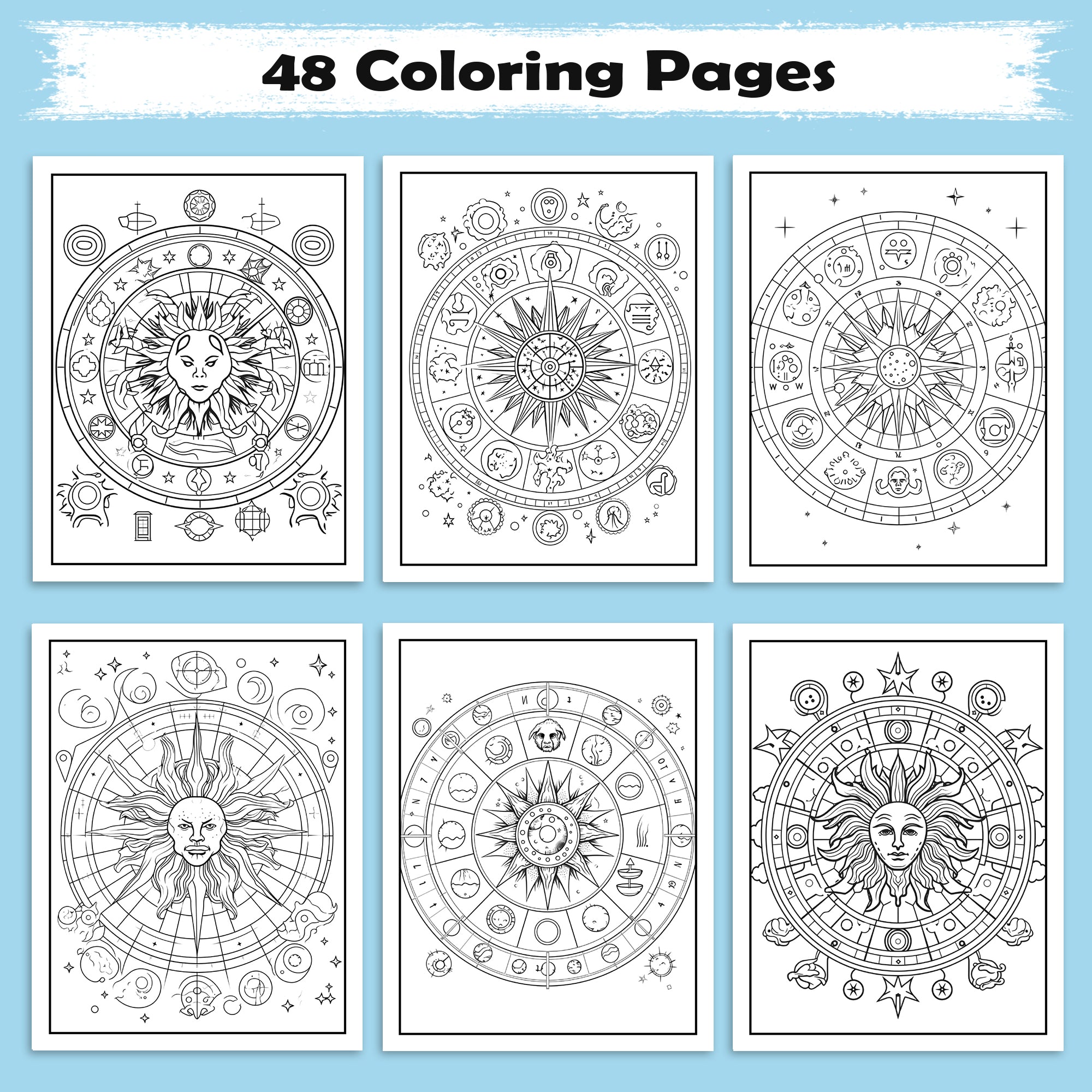 Zodiac Harmony Coloring Pages – 48 Pages – 12 Star Signs, Celestial Art, Spiritual Vibes – For Adults