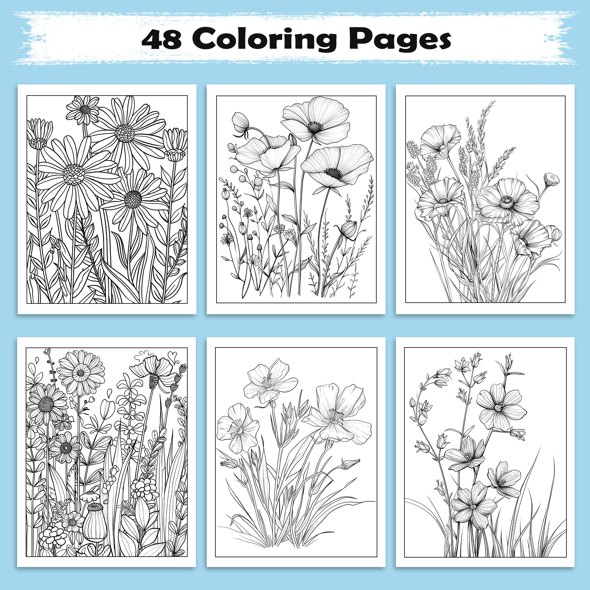 Wild Meadow Blooms Coloring Pages – 48 Elegant Floral Designs for Adults
