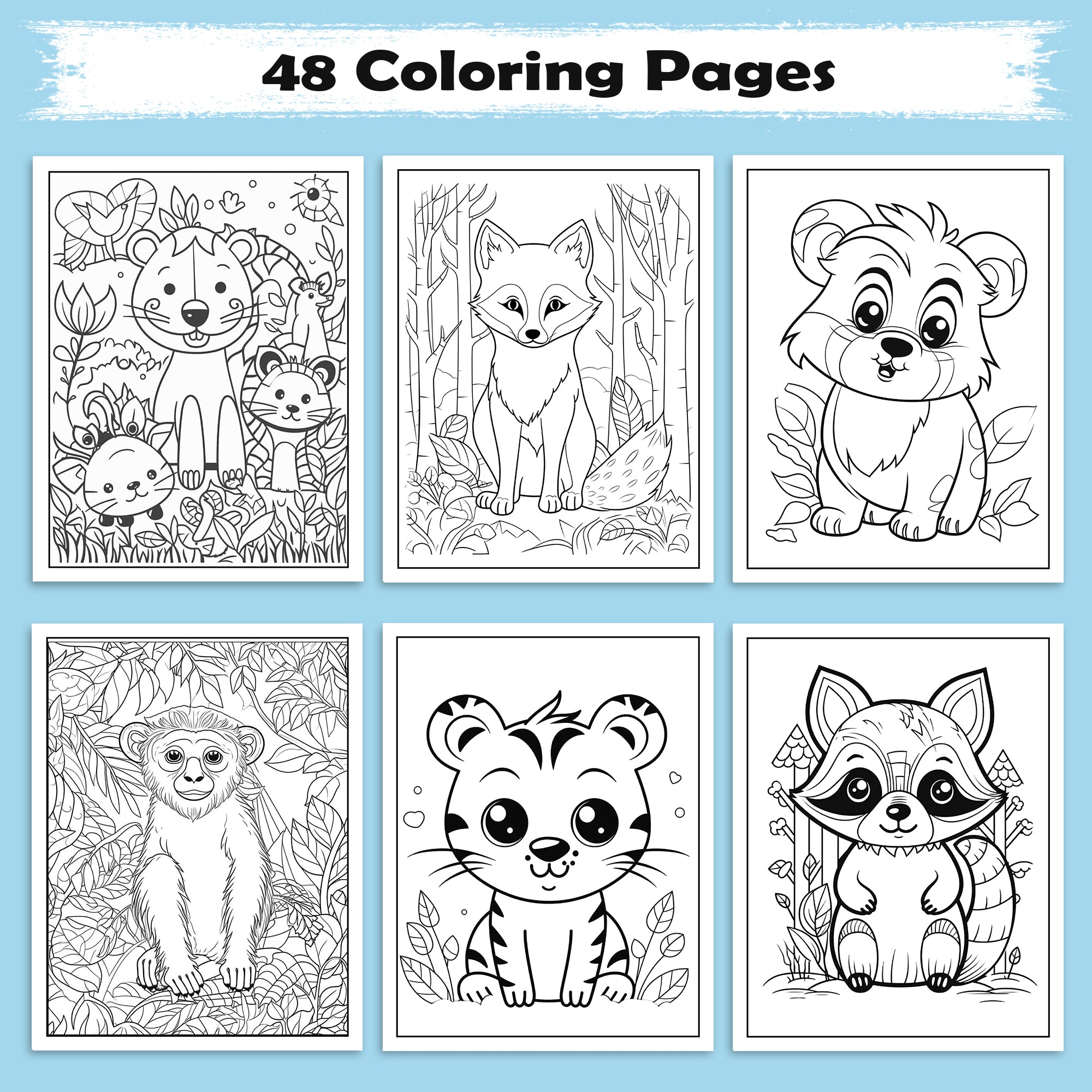Jungle Friends – Animal Coloring Pages – 48 Pages – Cute Forest Wildlife – For Kids
