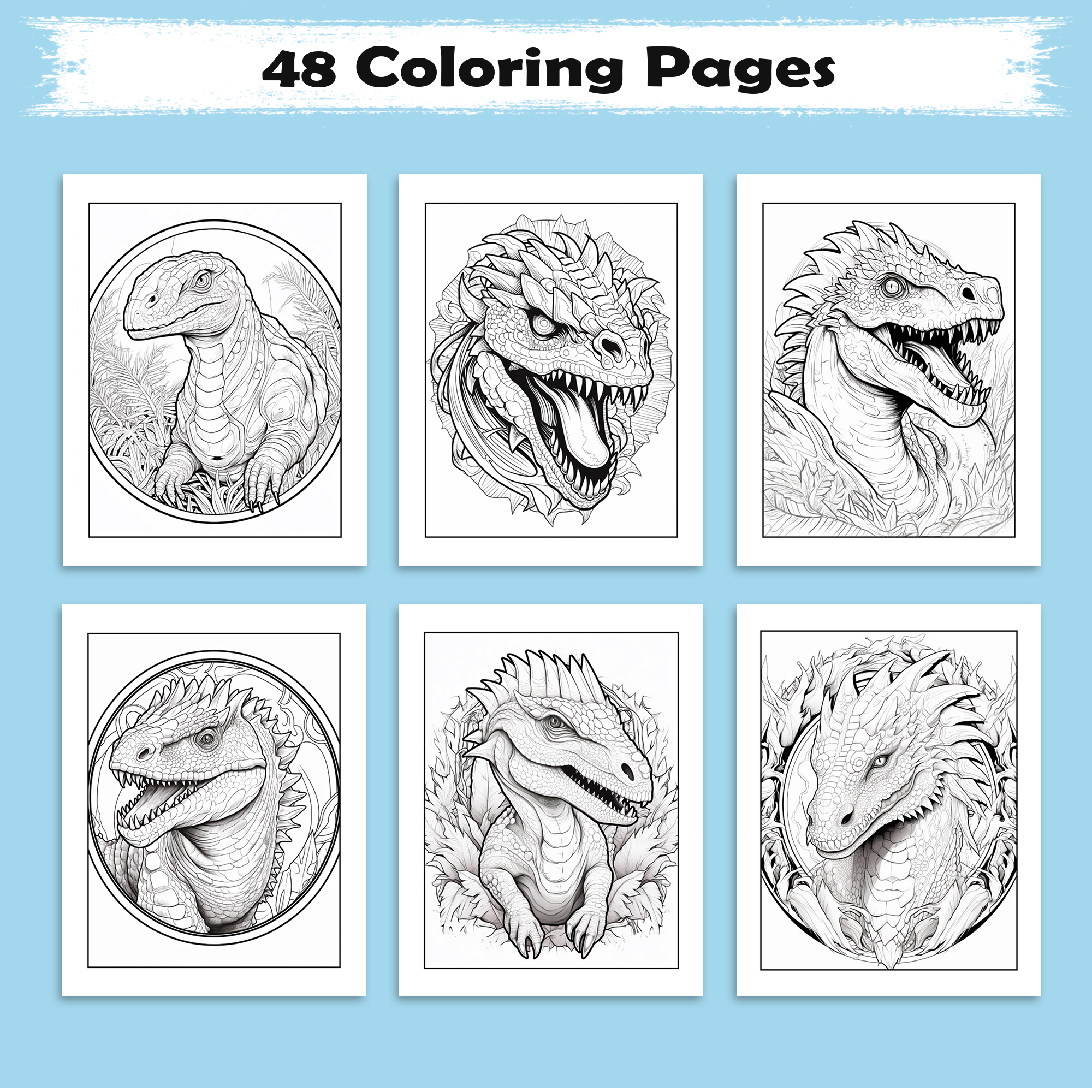 Dinosaur Mandala Adventure Coloring Pages – 48 Unique Dinosaur Designs for Kids & Adults