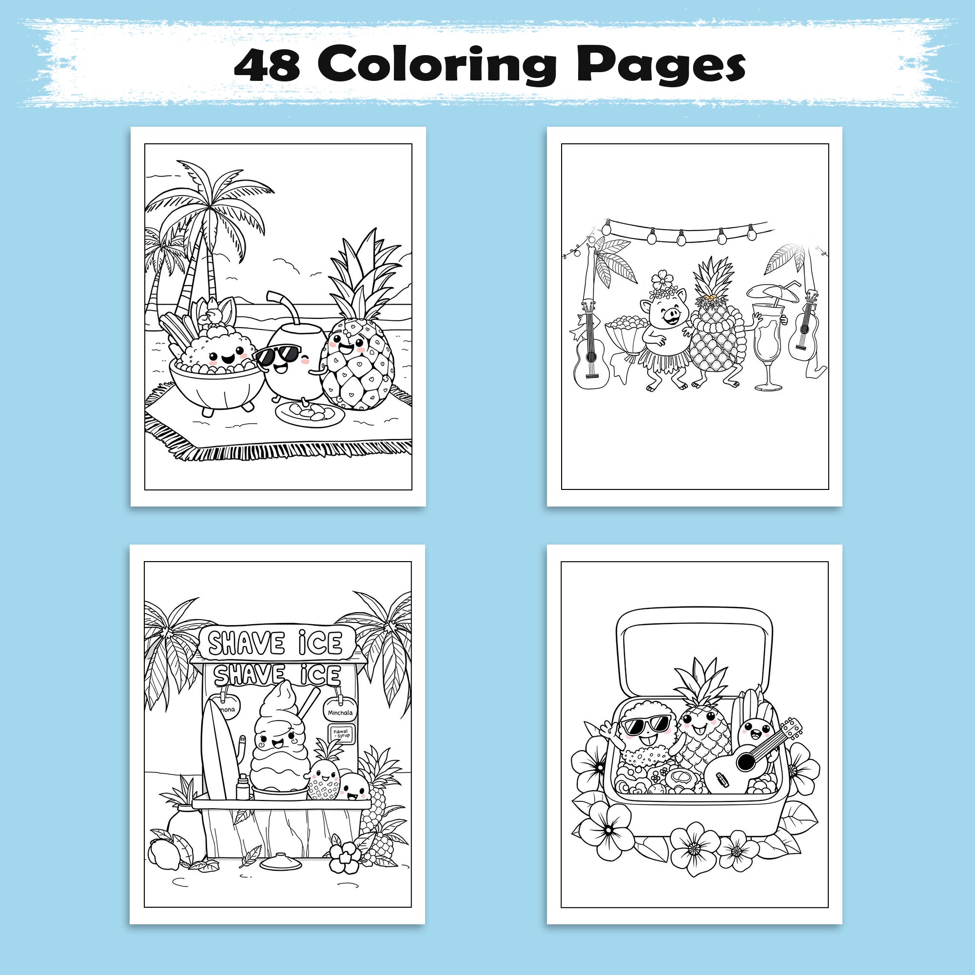 Kawaii Hawaii Treats Coloring Pages – 48 Cute Tropical Snack Illustrations for Kids