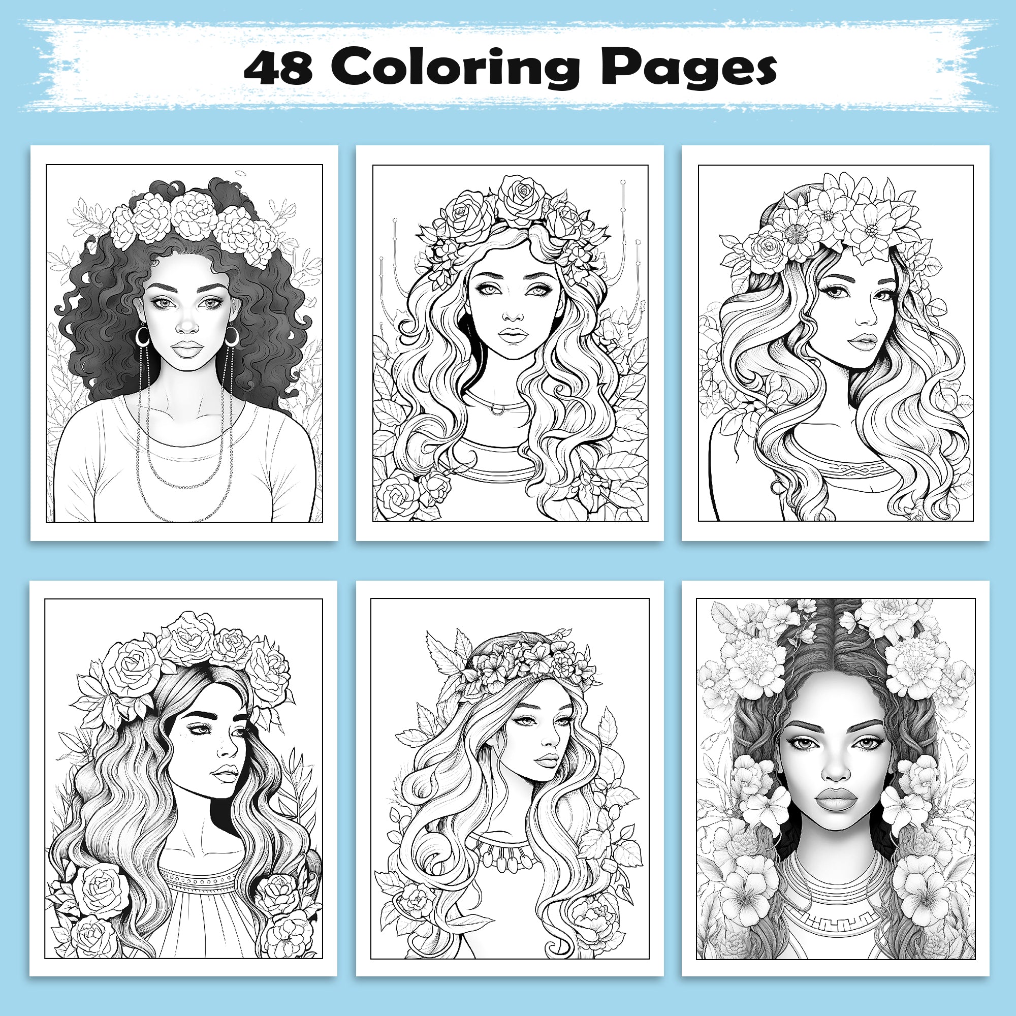 Blossom Queens Coloring Pages – 48 Floral Portraits of Black Women for Adults