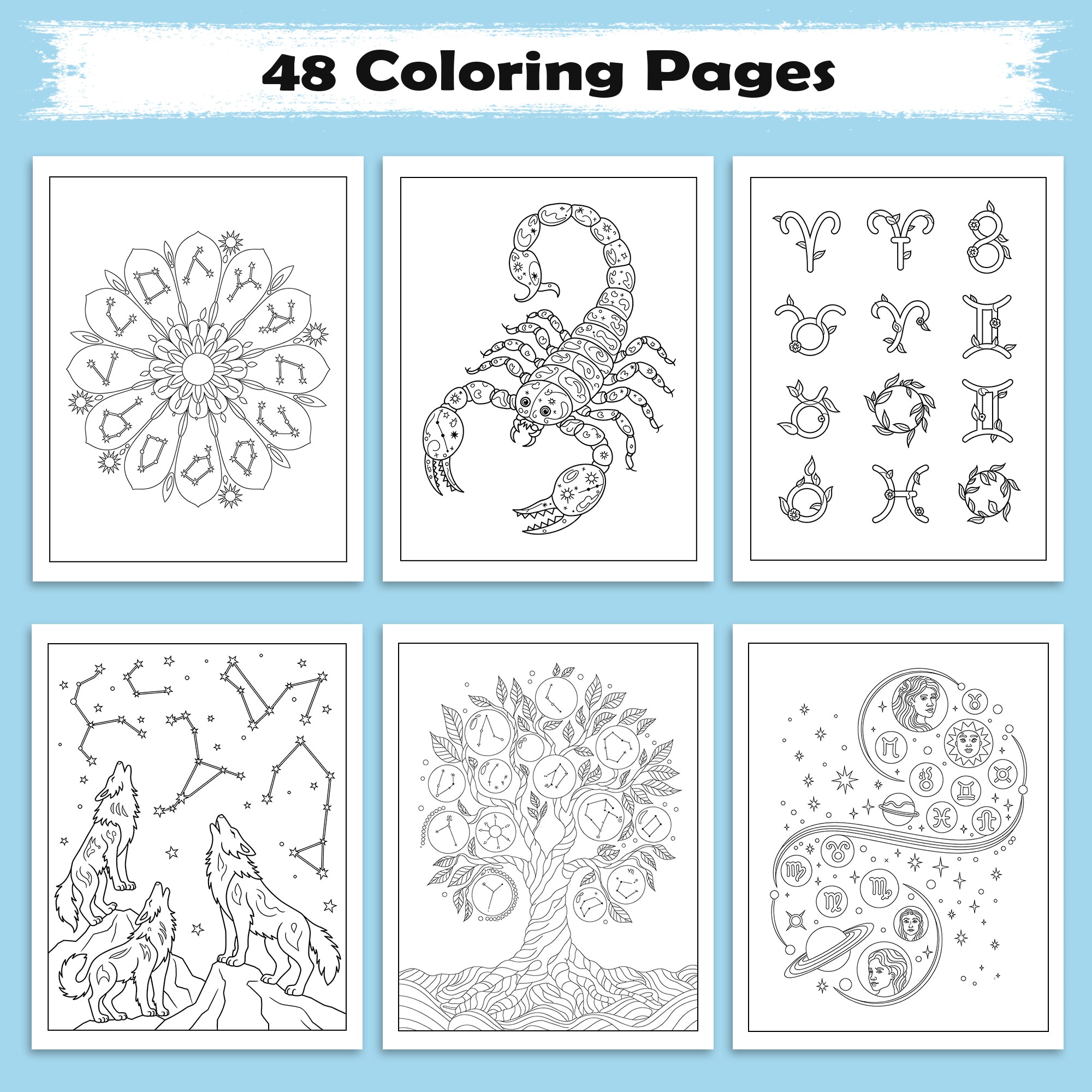 Cosmic Zodiac Coloring Pages – 48 Detailed Horoscope & Planet Artworks – For Adults