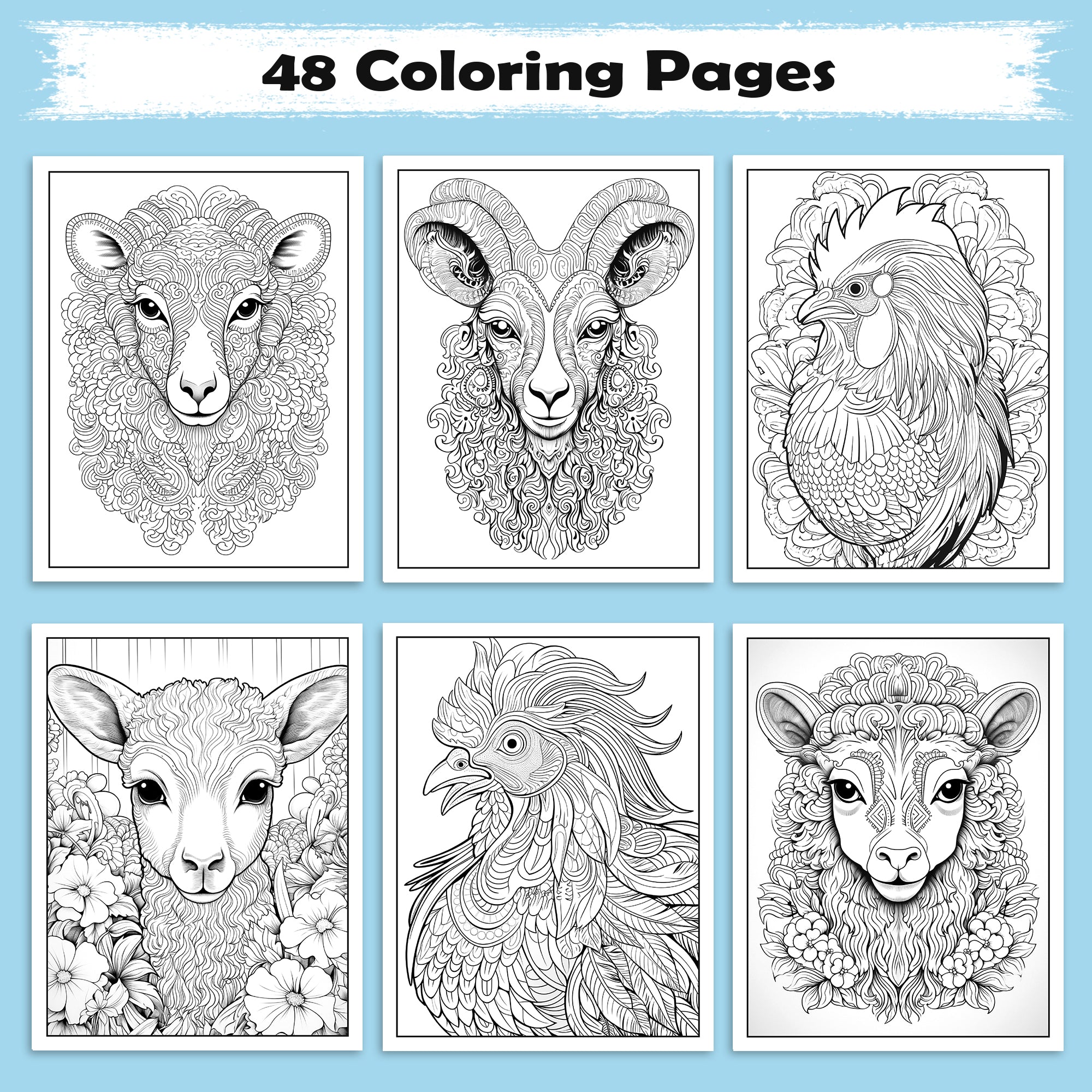 Mystic Horns Mandala Coloring Pages – 48 Intricate Animal Designs for Adults
