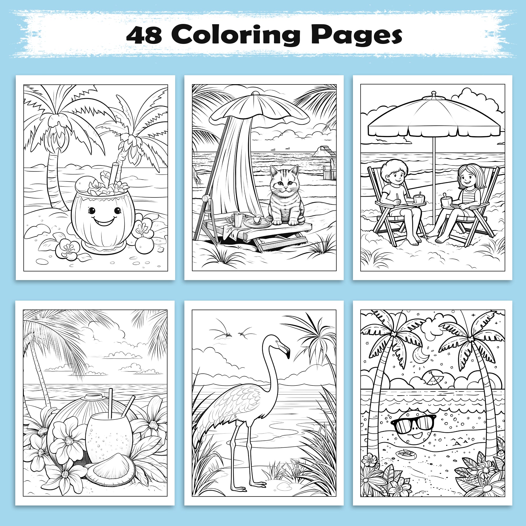 Tropical Whispers of Hawaii Coloring Pages – 48 Serene Island Scenes with Flamingos, Coconuts, and Cats – For Adults