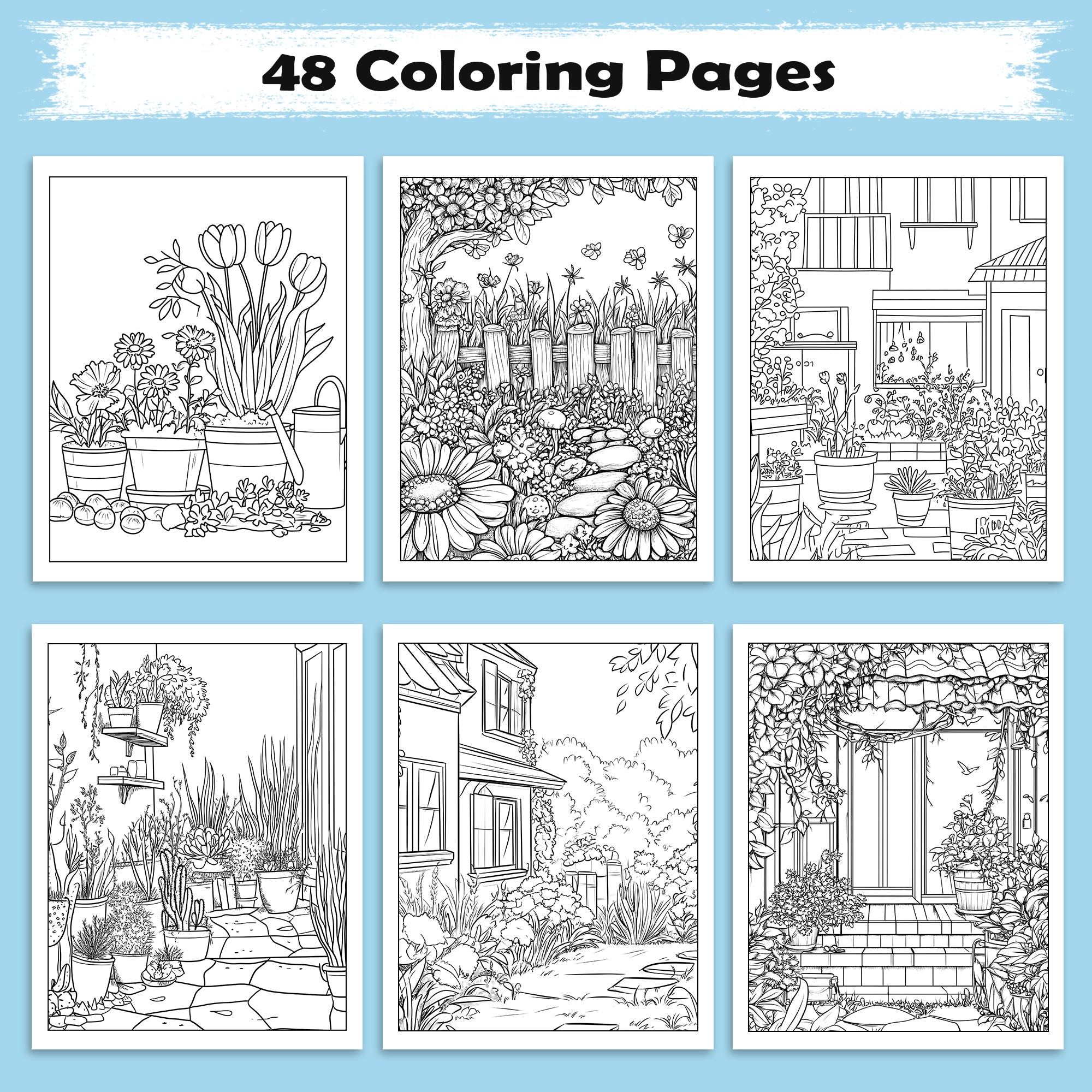 Blooming Garden Paths Coloring Pages– 48 Pages – Beautiful Flowers, Stone Paths, Wooden Fence – For Adults