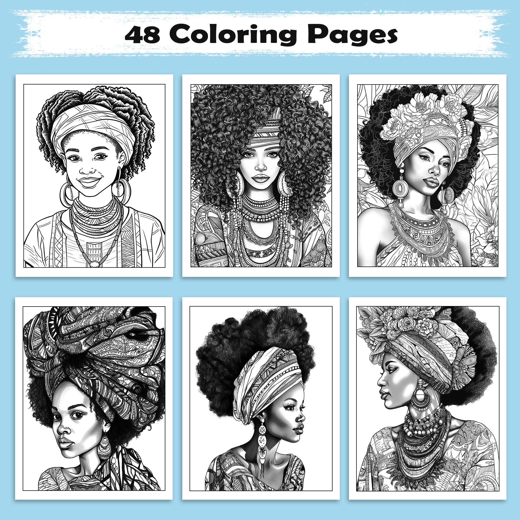 Black Beauty Blooms Coloring Pages – 48 Elegant Portraits of Black Girls for Adults