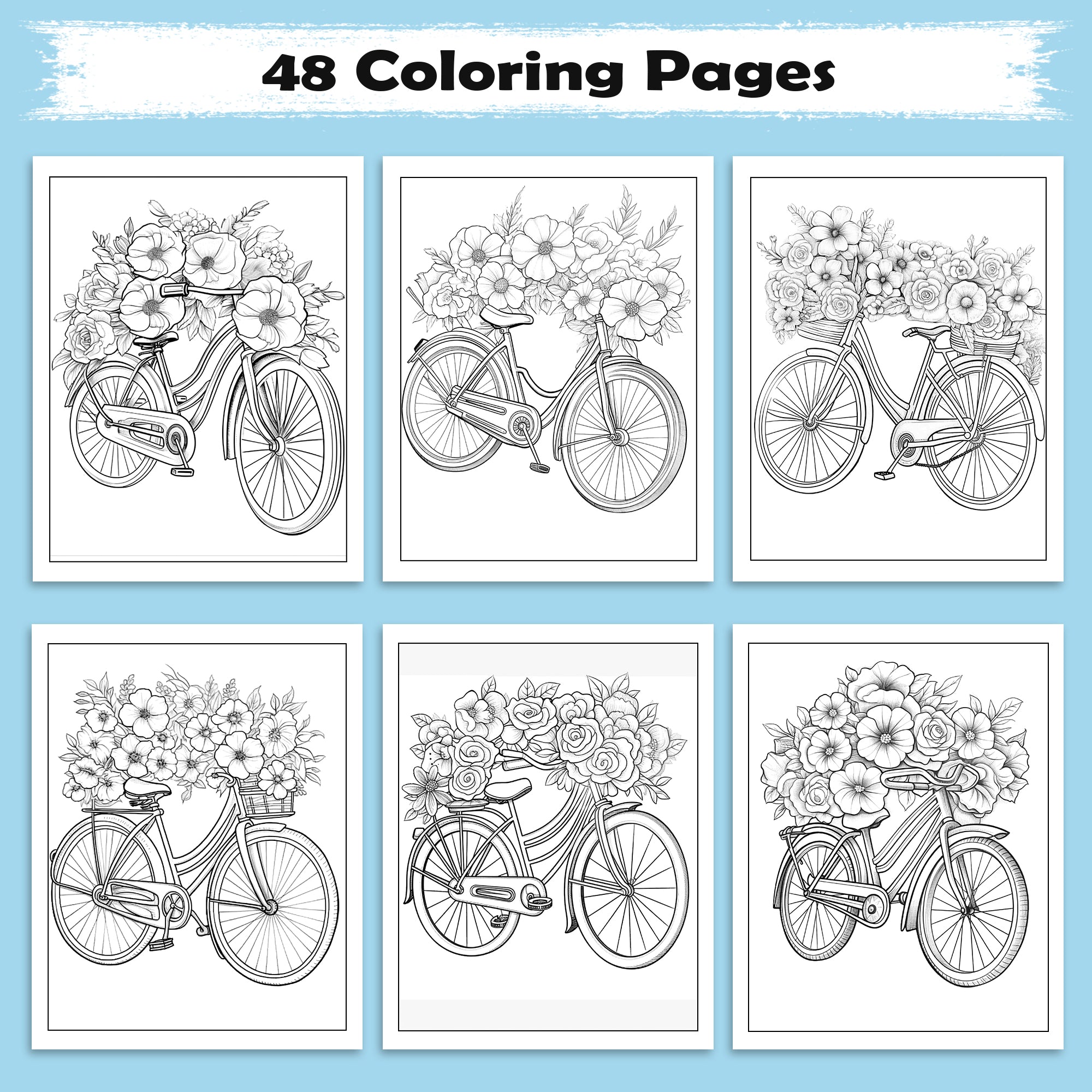 Bicycle Blossoms Coloring Pages – 48 Beautiful Bike & Floral Sheets – For Adults