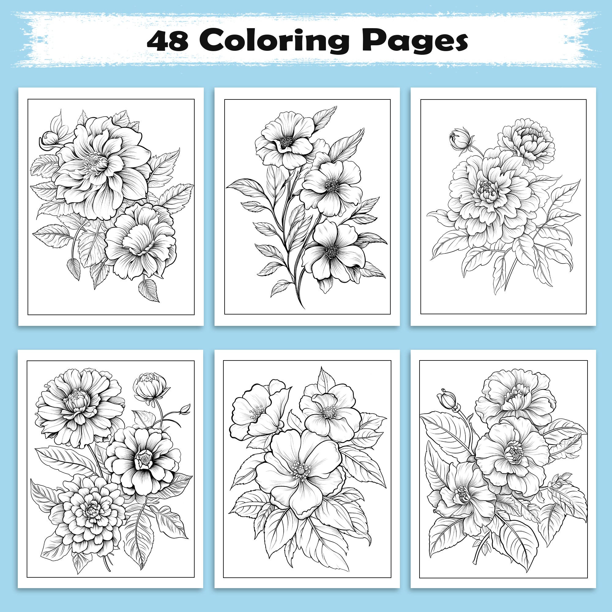 Garden Grace Coloring Pages – 48 Beautiful Flower Line Art Designs for Adults