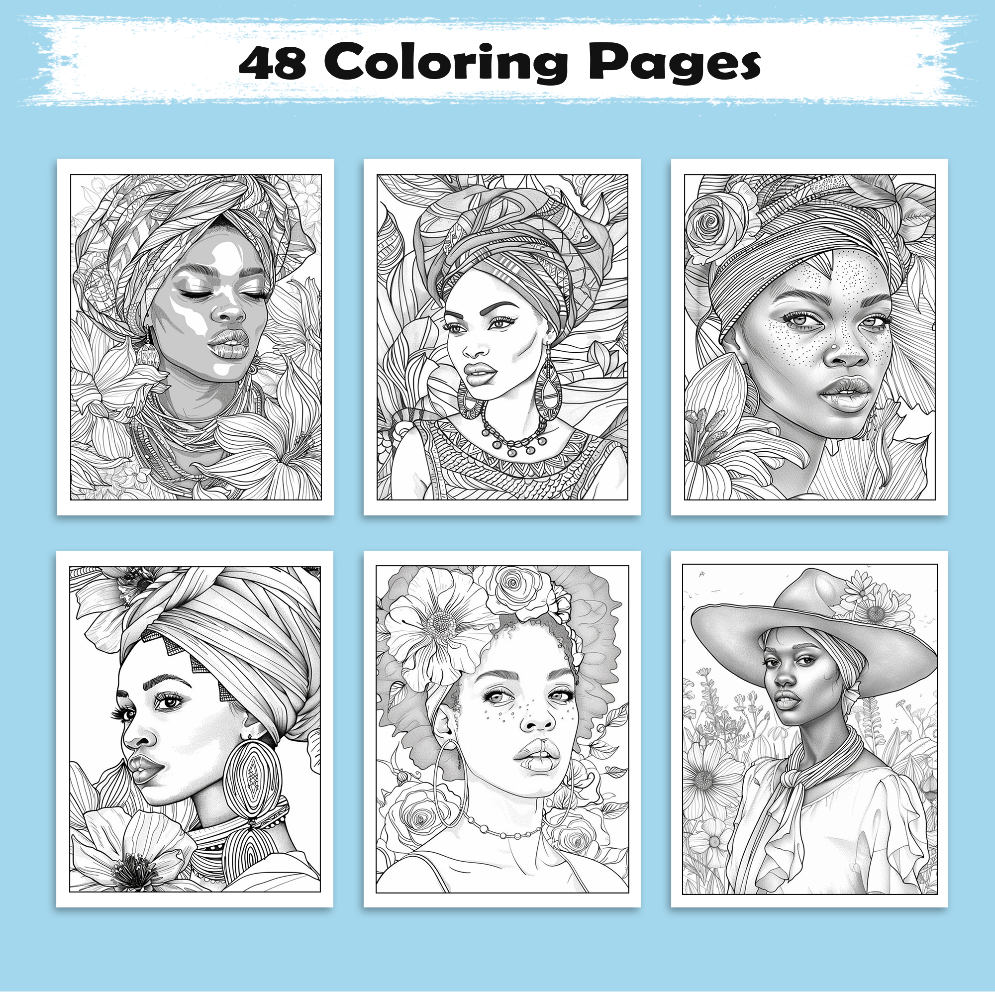 Crowned in Culture Coloring Pages – 48 Pages – African-Inspired Fashion & Natural Beauty for Adults