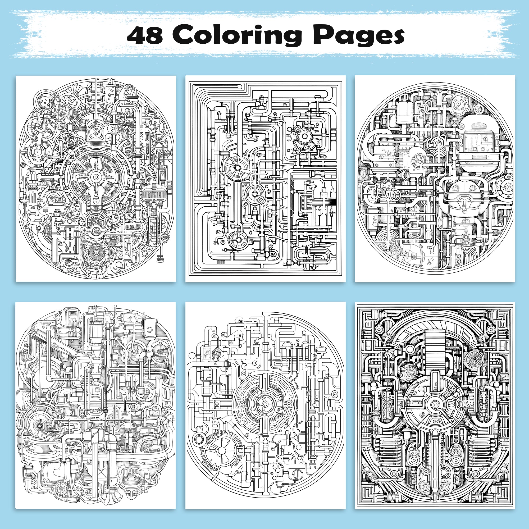 Gears and Pipes Mandala Coloring Pages – 48 Steampunk Machine Patterns for Adults