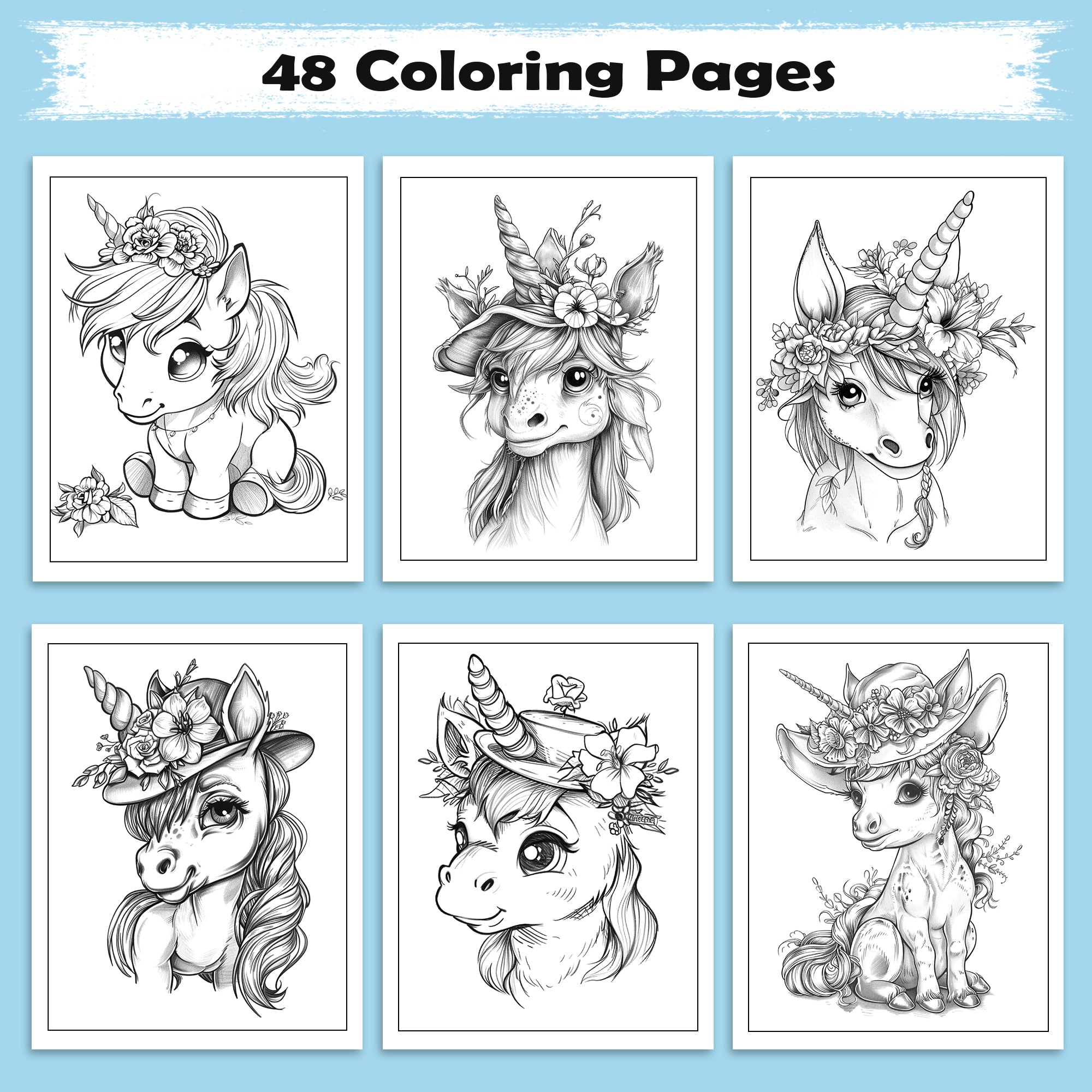 Unicorn Friends in Bloom Coloring Pages – 48 Playful and Kid-Friendly Illustrations