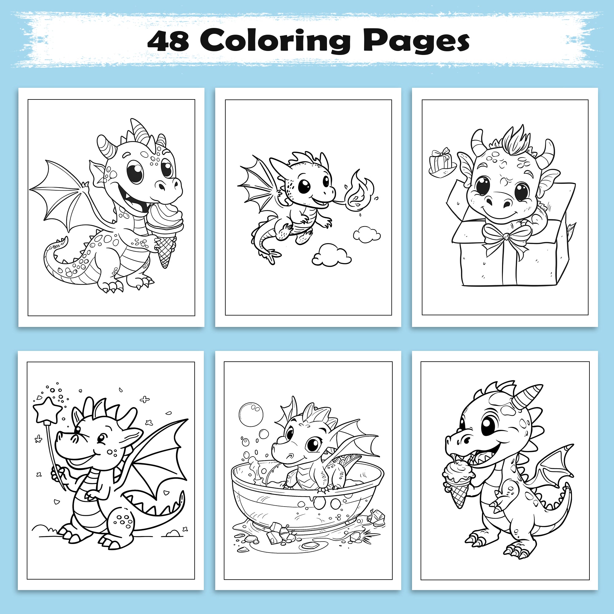 Magical Dino World Coloring Pages – 48 Pages – Cute Dinosaur Adventures, Bath Time and Magic Scenes – For Kids
