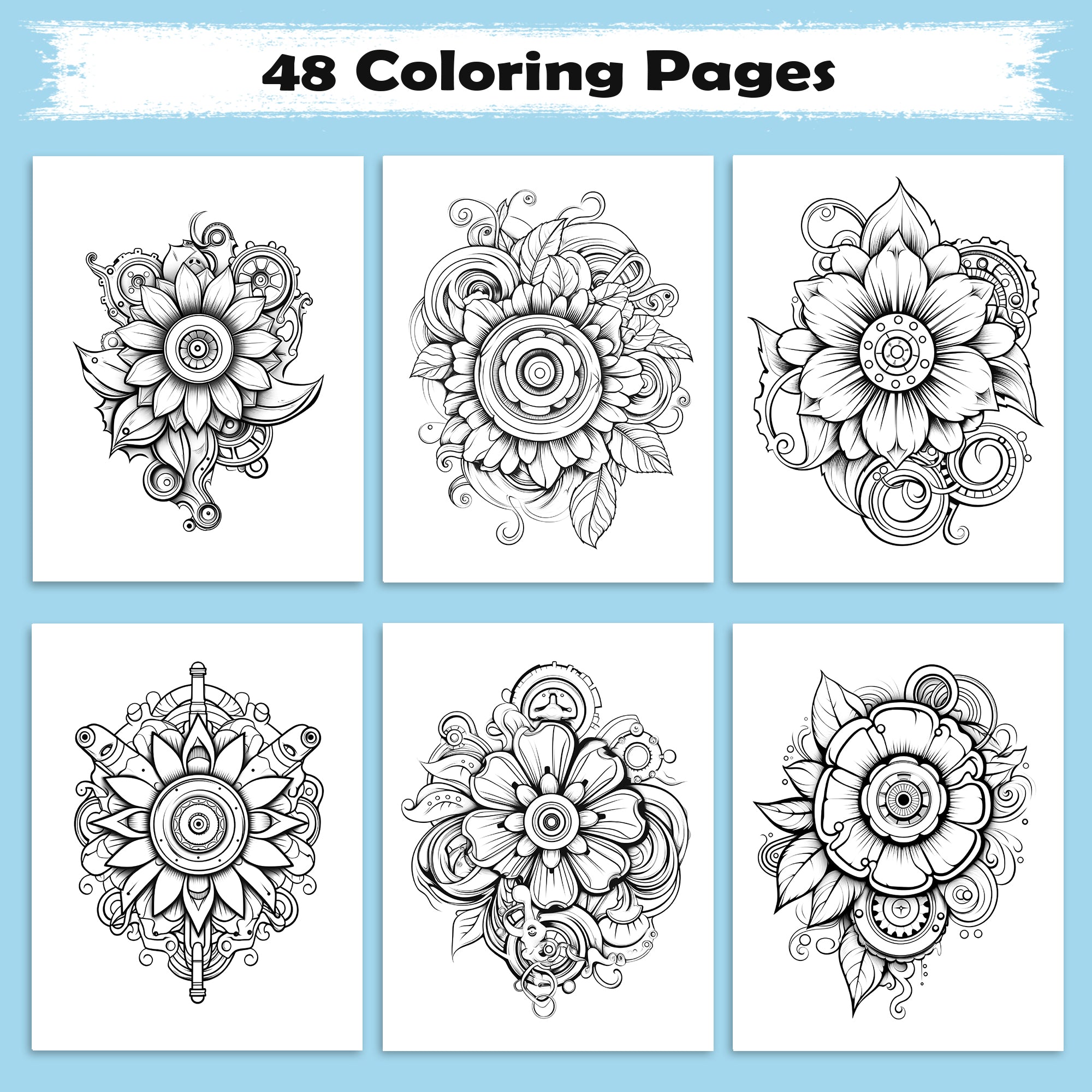Mechanical Petals Mandala Coloring Pages – 48 Intricate Steampunk Flower Illustrations for Adults