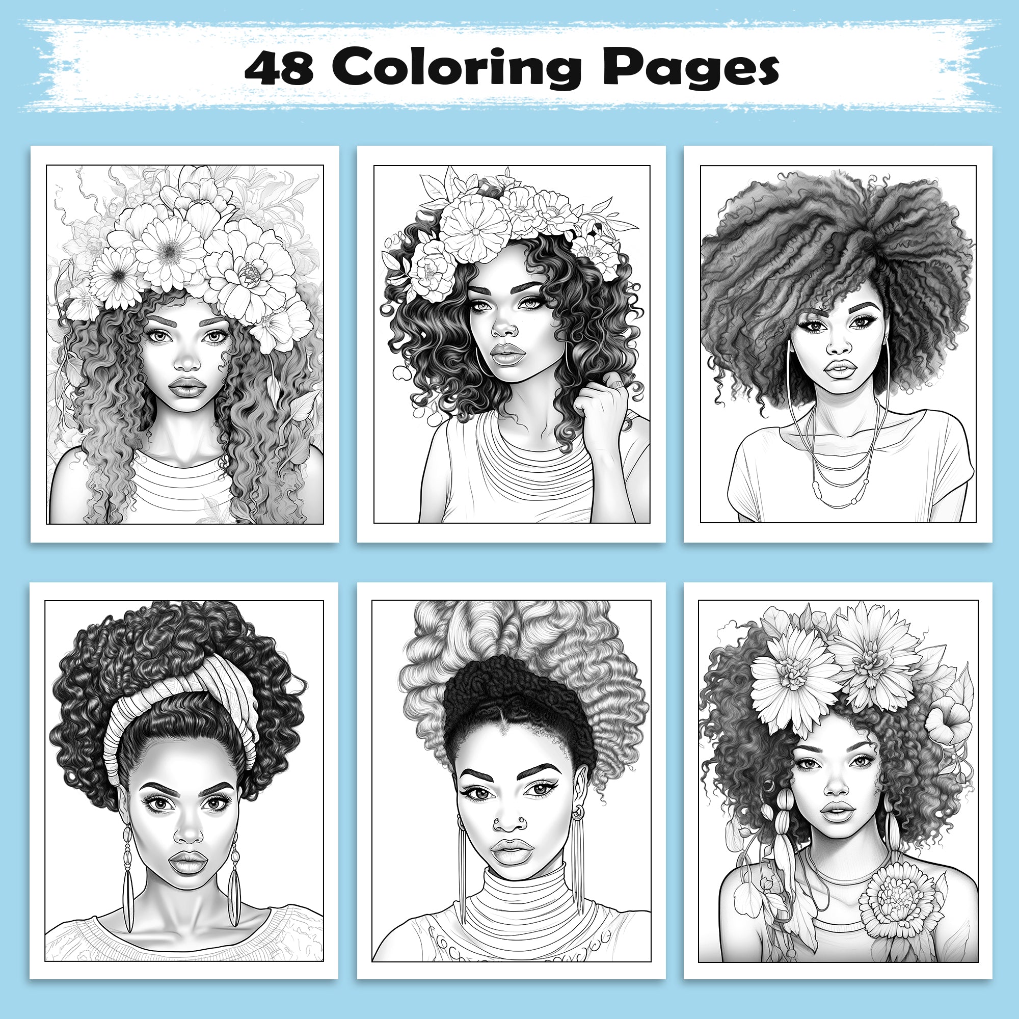 Crowned Beauty Coloring Pages – 48 Stunning Afro Woman Portraits for Adults