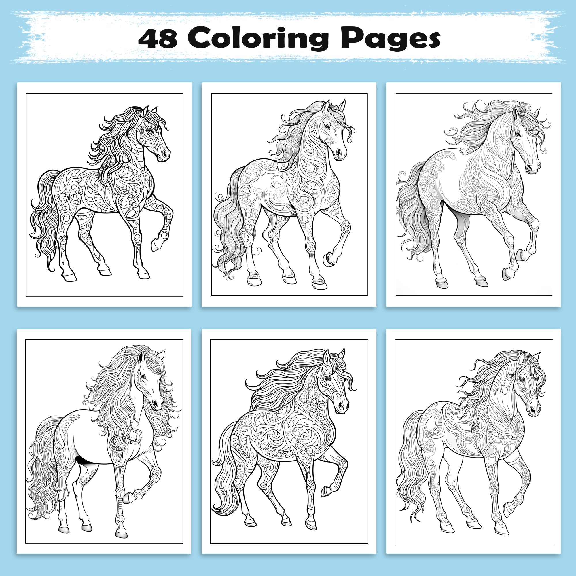 Majestic Horse Mandalas Coloring Pages – 48 Elegant Line Art Designs for Adults