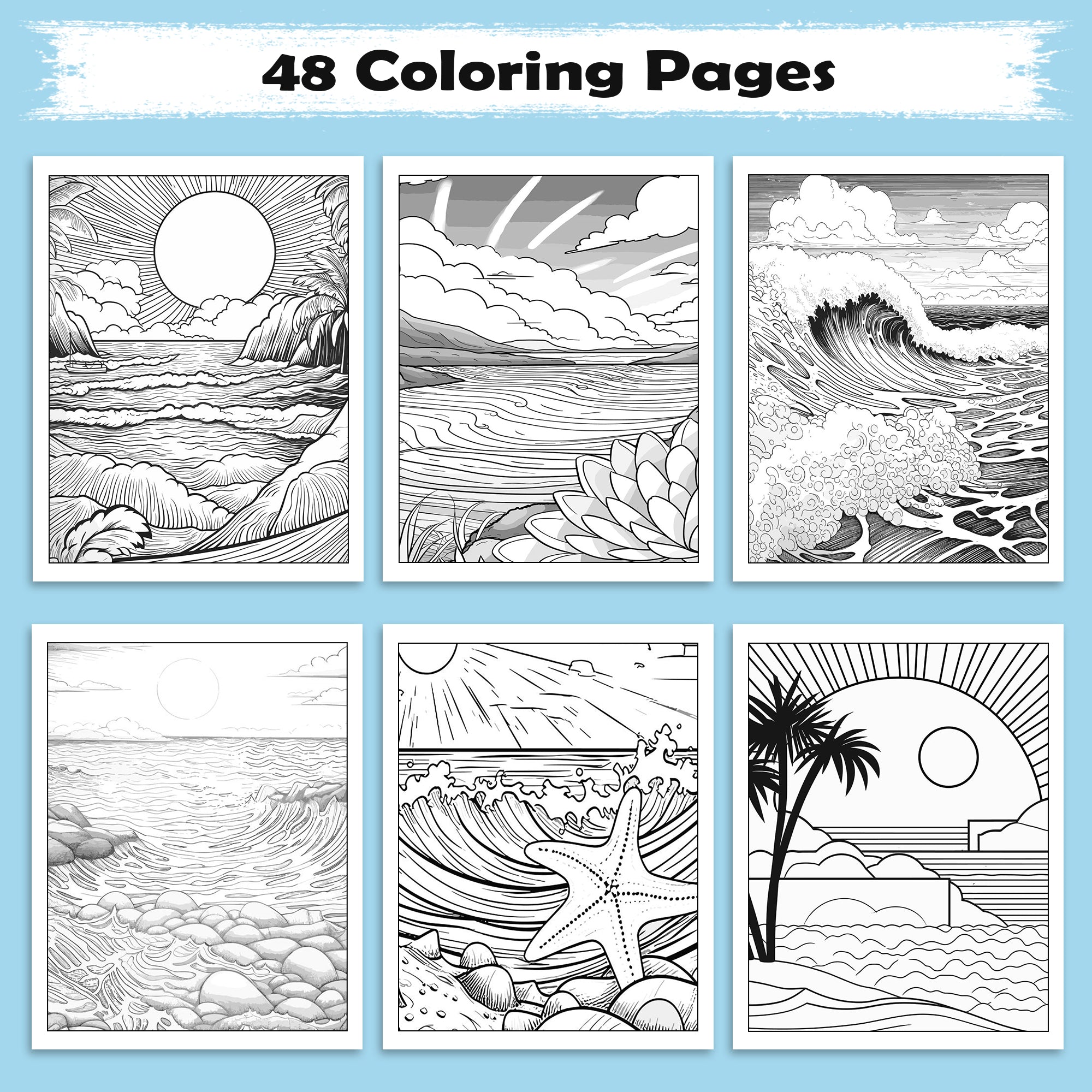 Waves of Hawaii Coloring Pages - 48 Sunrise Coast Scenes for Adults