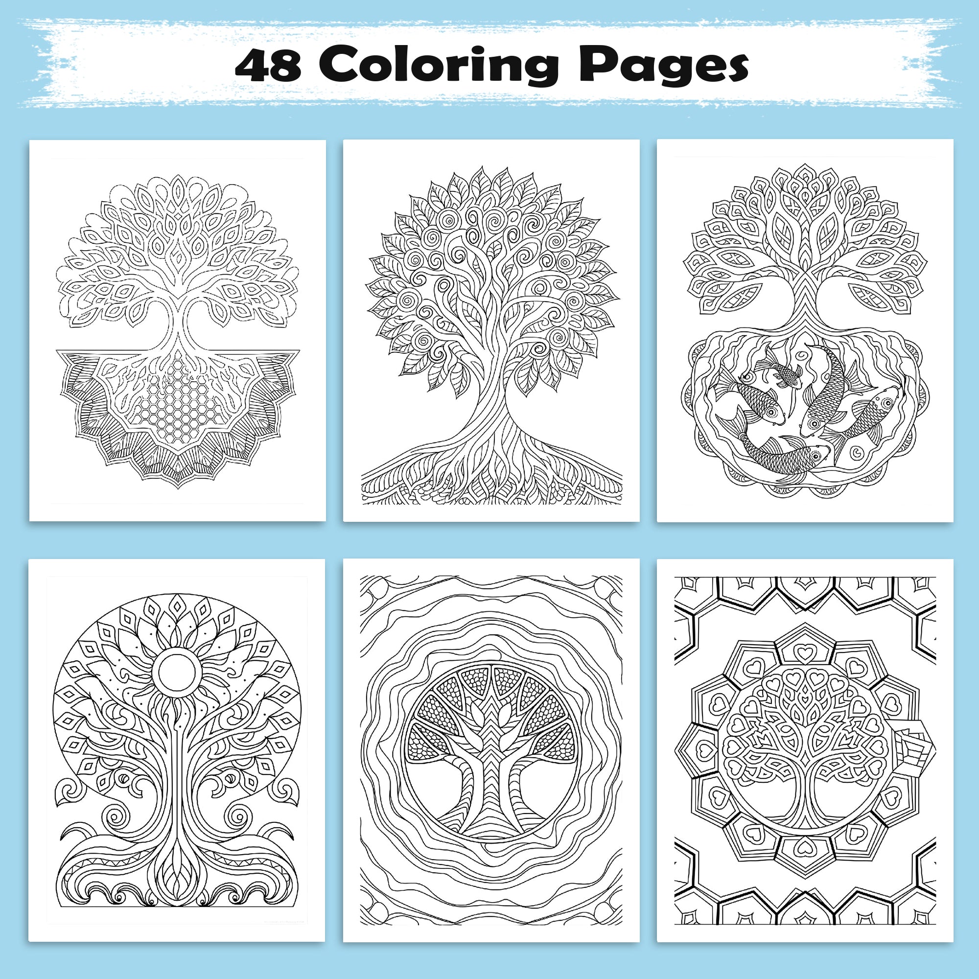 Roots of Harmony Coloring Pages – 48 Pages – Tree Mandalas and Sacred Patterns for Adults