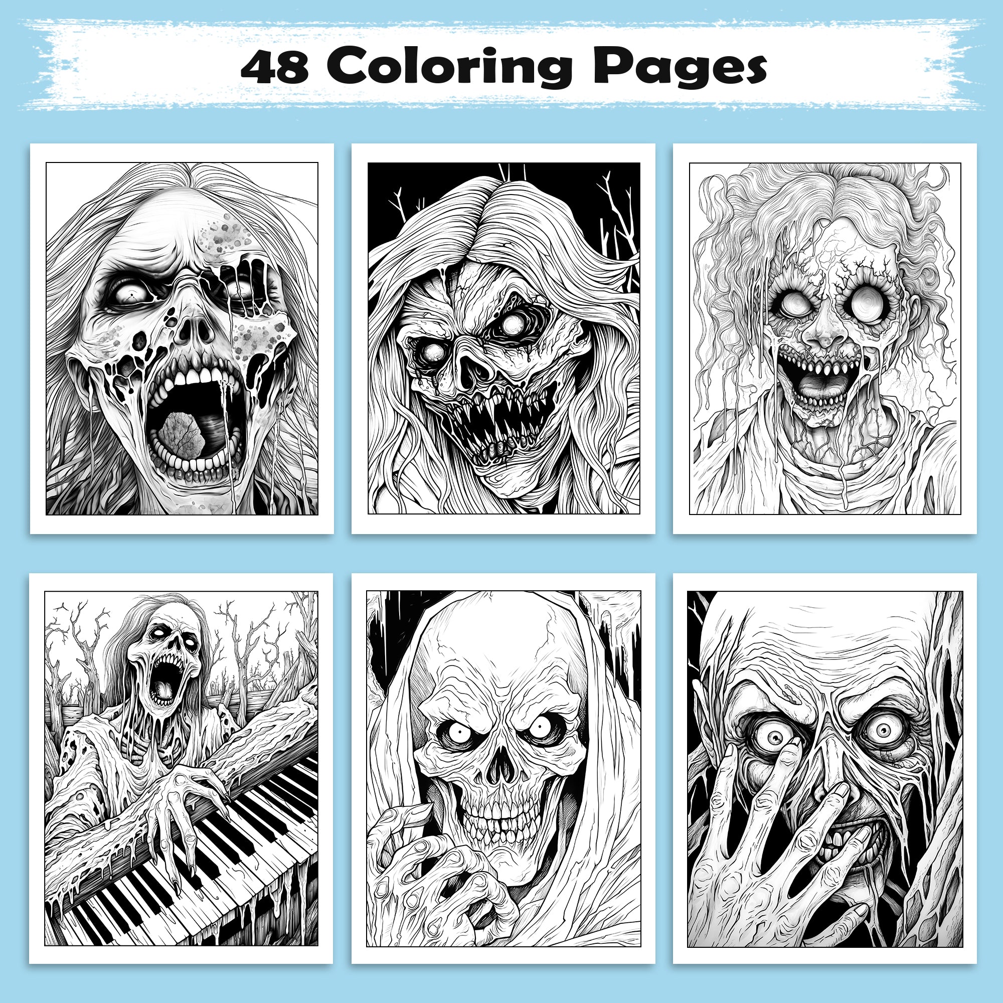 Haunting Screams Horror Coloring Pages – 48 Pages – Scary Skeletons, Zombies & Haunted Piano Scene – For Adults