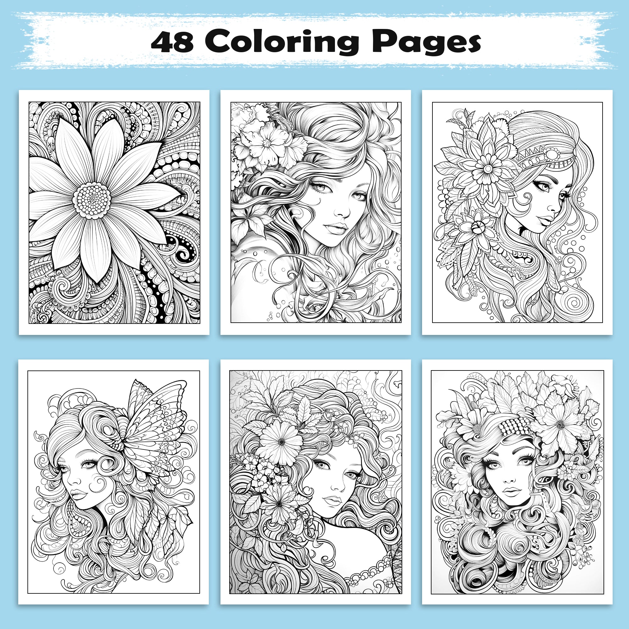 Floral Muse Coloring Pages – 48 Elegant Woman Designs for Adults
