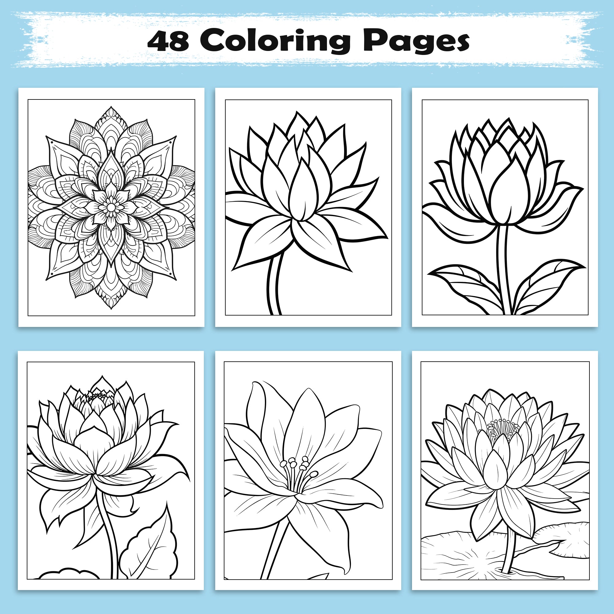 Tranquil Blooms Zen Coloring Pages – 48 Pages – Lotus Flowers, Calm Mandalas, Nature Harmony – For Adults