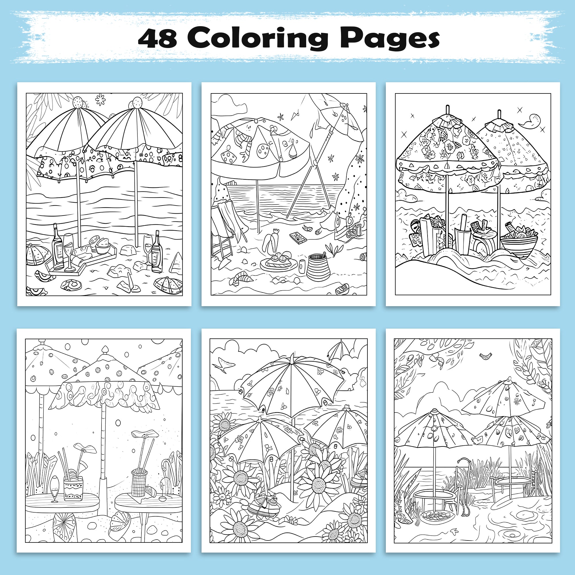 Tropical Picnic Escape Coloring Page – 48 Pages – Beach Picnic Theme – For Adults