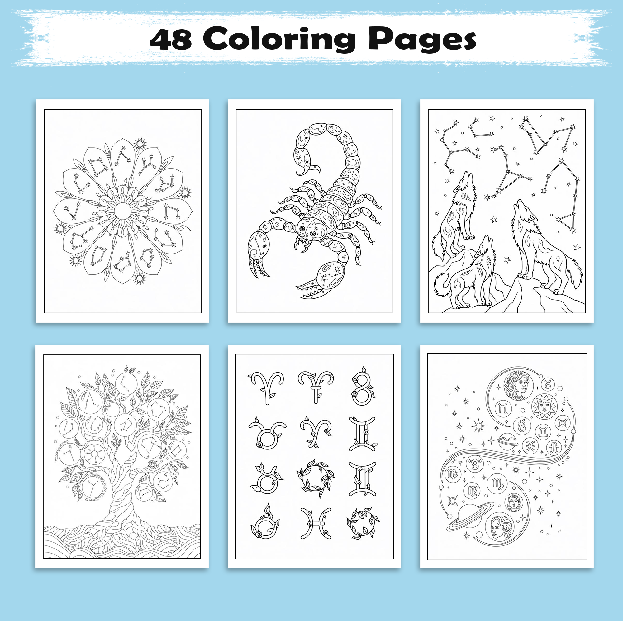 Zodiac Harmony – Astrology Coloring Pages – 48 Pages – Stars, Constellations, Mandala Designs – For Adults