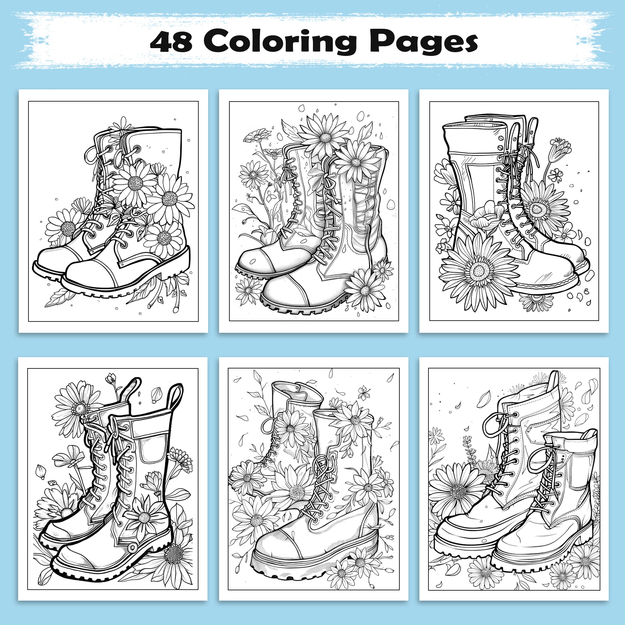 Daisy Steps Coloring Pages – 48 Charming Flower & Boot Illustrations for Adults