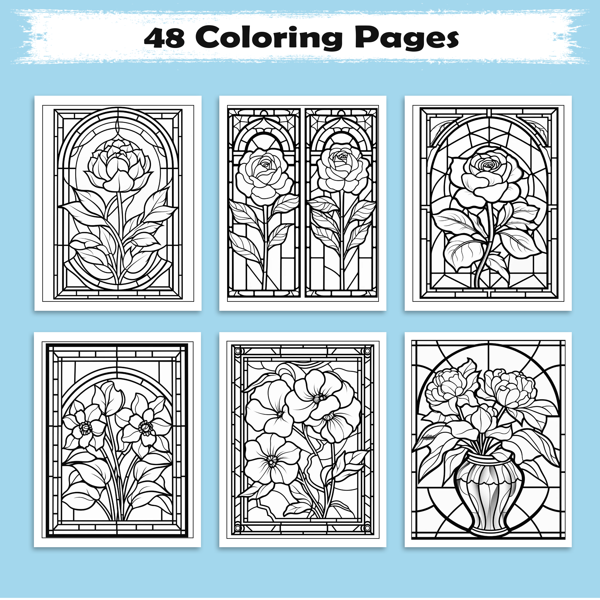 Flower Stained Glass Mandalas – Coloring Pages – 48 Pages – Bold Floral Windows, Intricate Lines, Zen-Inspired – For Adults