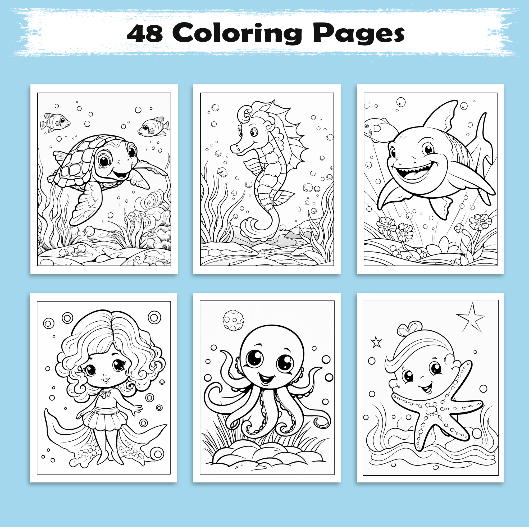 Ocean Animal Smiles  – Animal Coloring Pages – 48 Pages – Cute Sea Creatures, Whales, Turtles & Jellyfish – For Kids