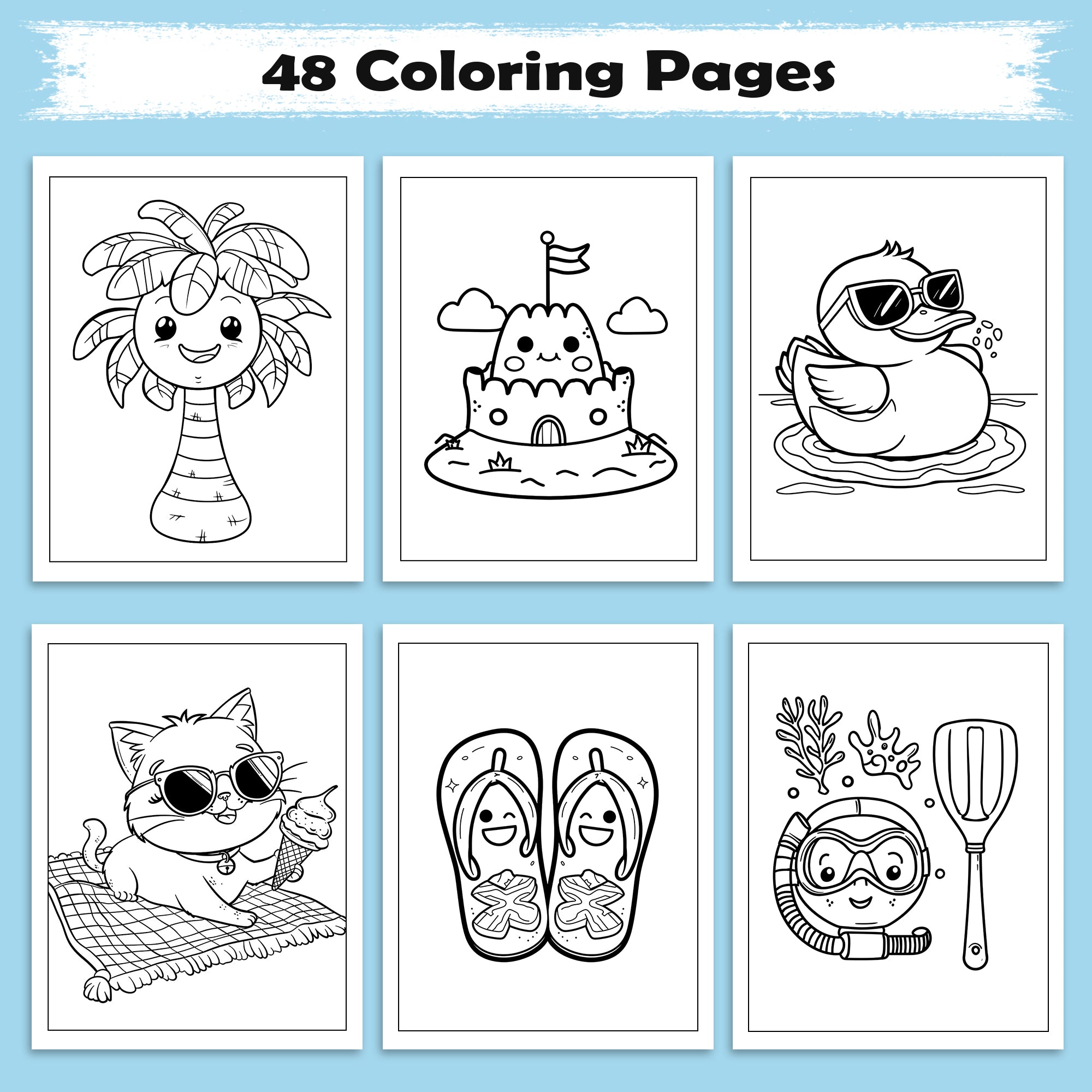 Kawaii Summer Fun Coloring Pages – 48 Pages – Cute Beach, Vacation, and Fun Summer Designs – For Kids