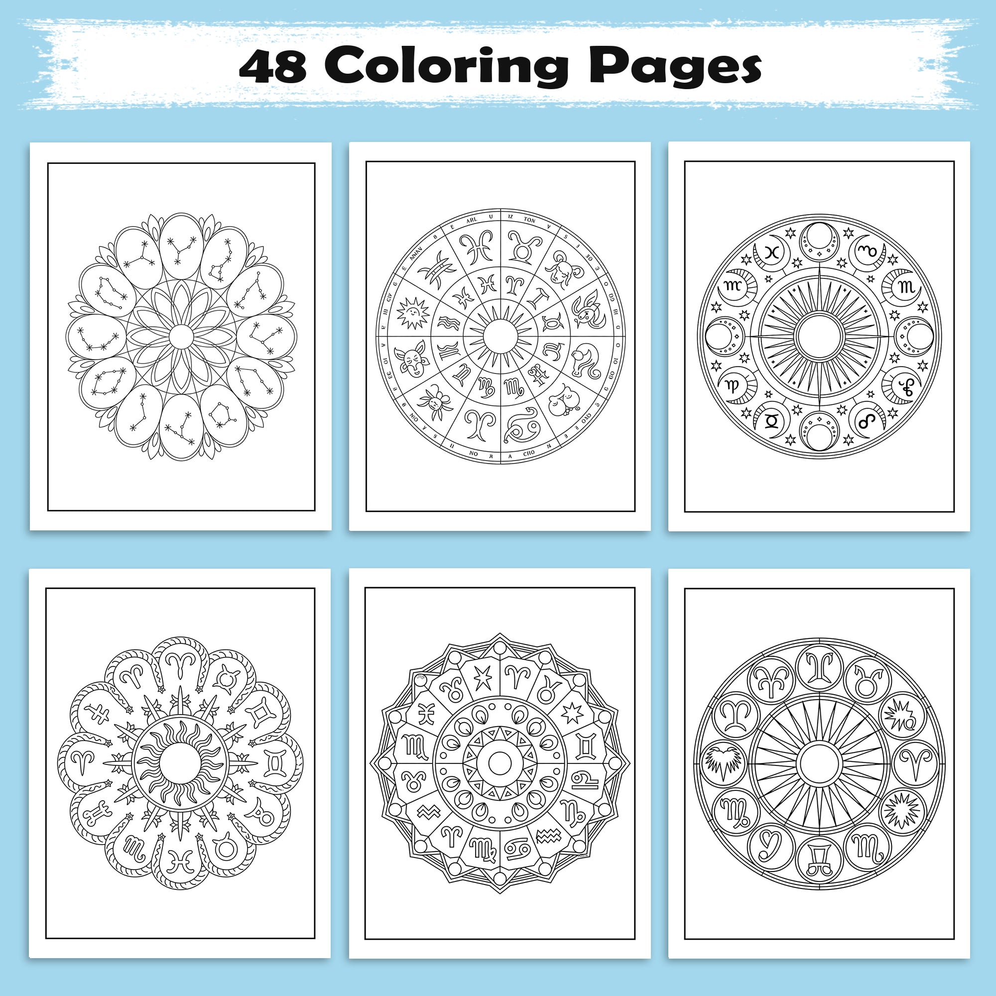 Zodiac Mandalas Coloring Pages – 48 Pages – Celestial Symbols & Constellation Designs for Adults