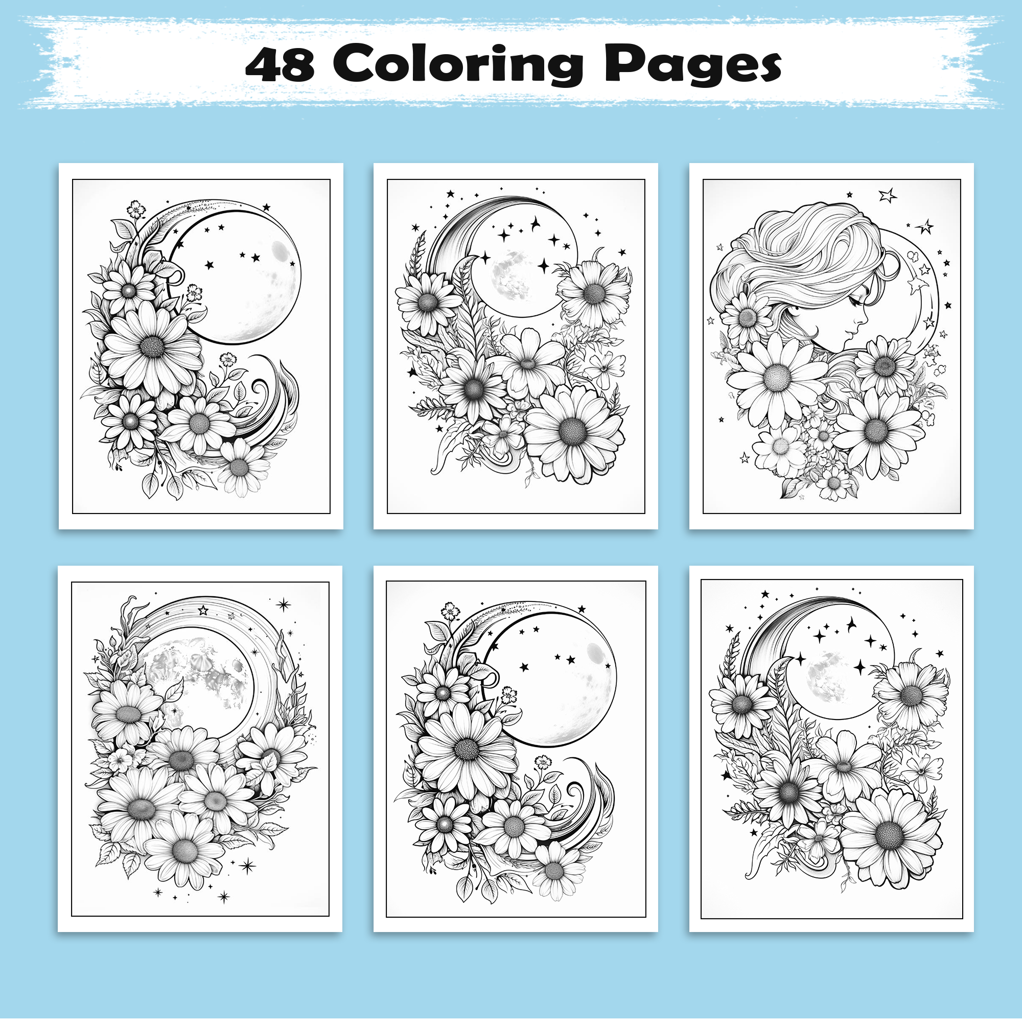 Lunar Blossoms – Flower and Moon Coloring Pages – 48 Pages – Ethereal, Dreamy, Celestial Floral Scenes – For Adults