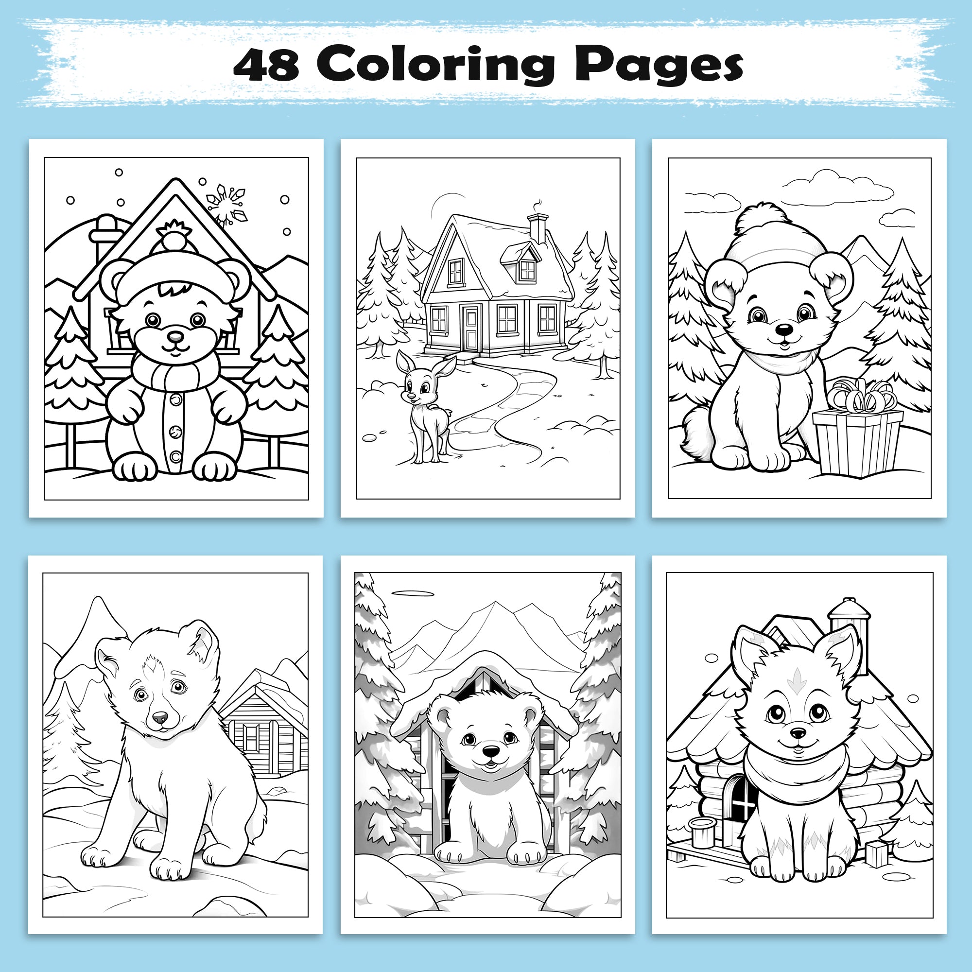 Snowy Friends Coloring Pages – 48 Pages – Cute Winter Animals – For Kids