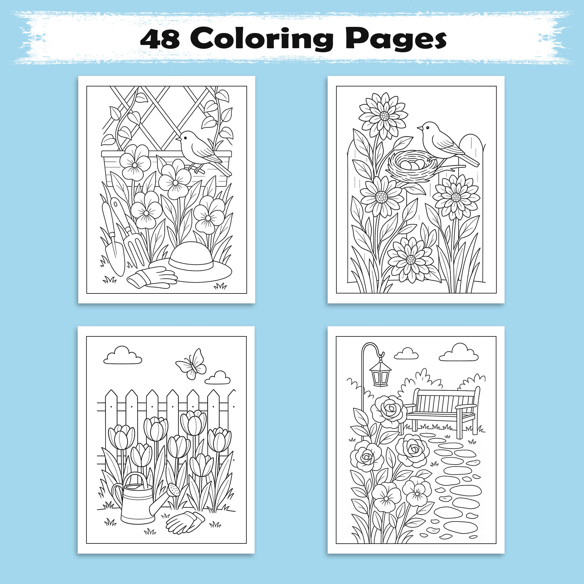 Backyard Bloomscapes – Flower Coloring Pages – 48 Pages – Cozy Gardens, Tulips, Roses, Birdhouses – For Adults