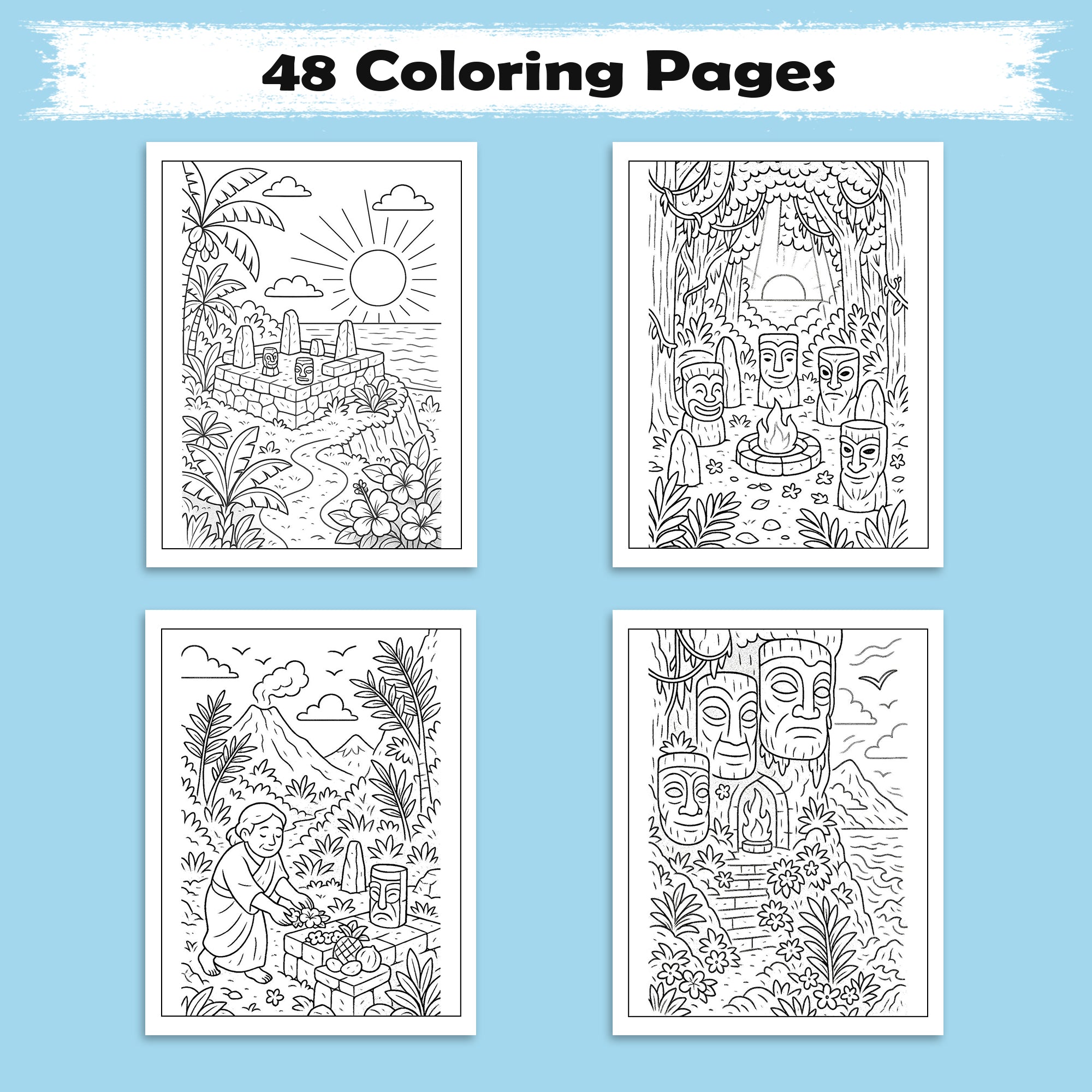 Sacred Hawaii Coloring Pages – 48 Legendary Temples & Tiki Scenes for Adults
