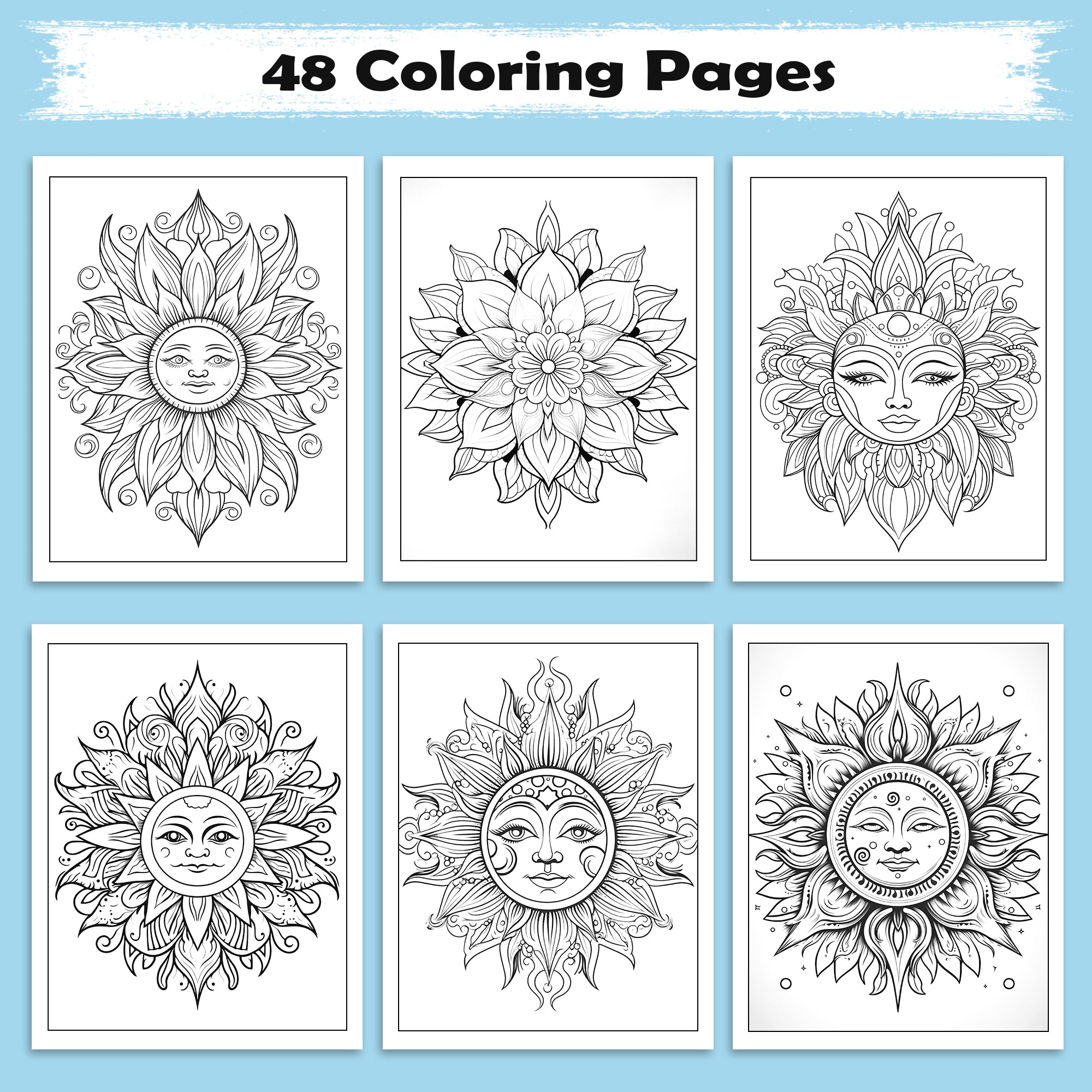 Celestial Radiance – Sun Mandala Coloring Pages – 48 Relaxing Designs for Adults