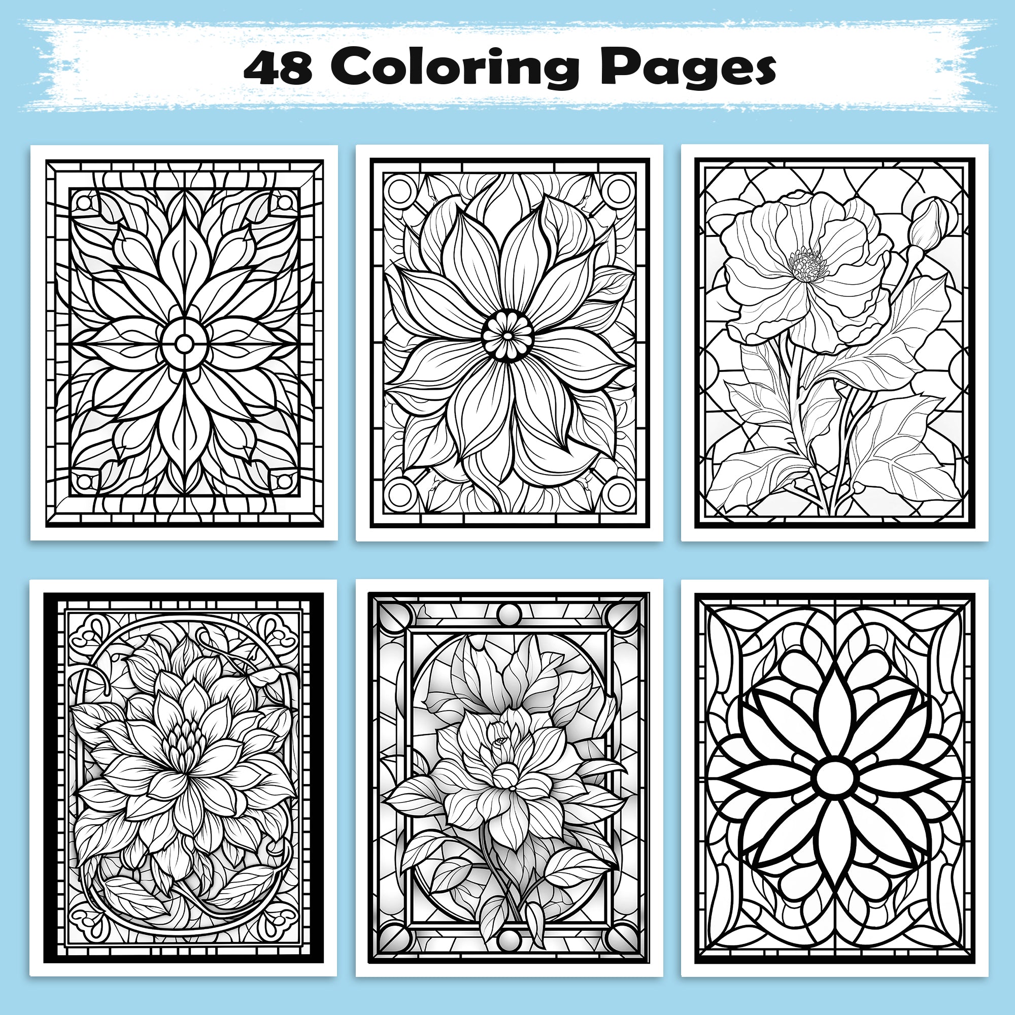 Glass Garden Mandalas Coloring Pages – 48 Elegant Floral Stained Glass Designs for Adults