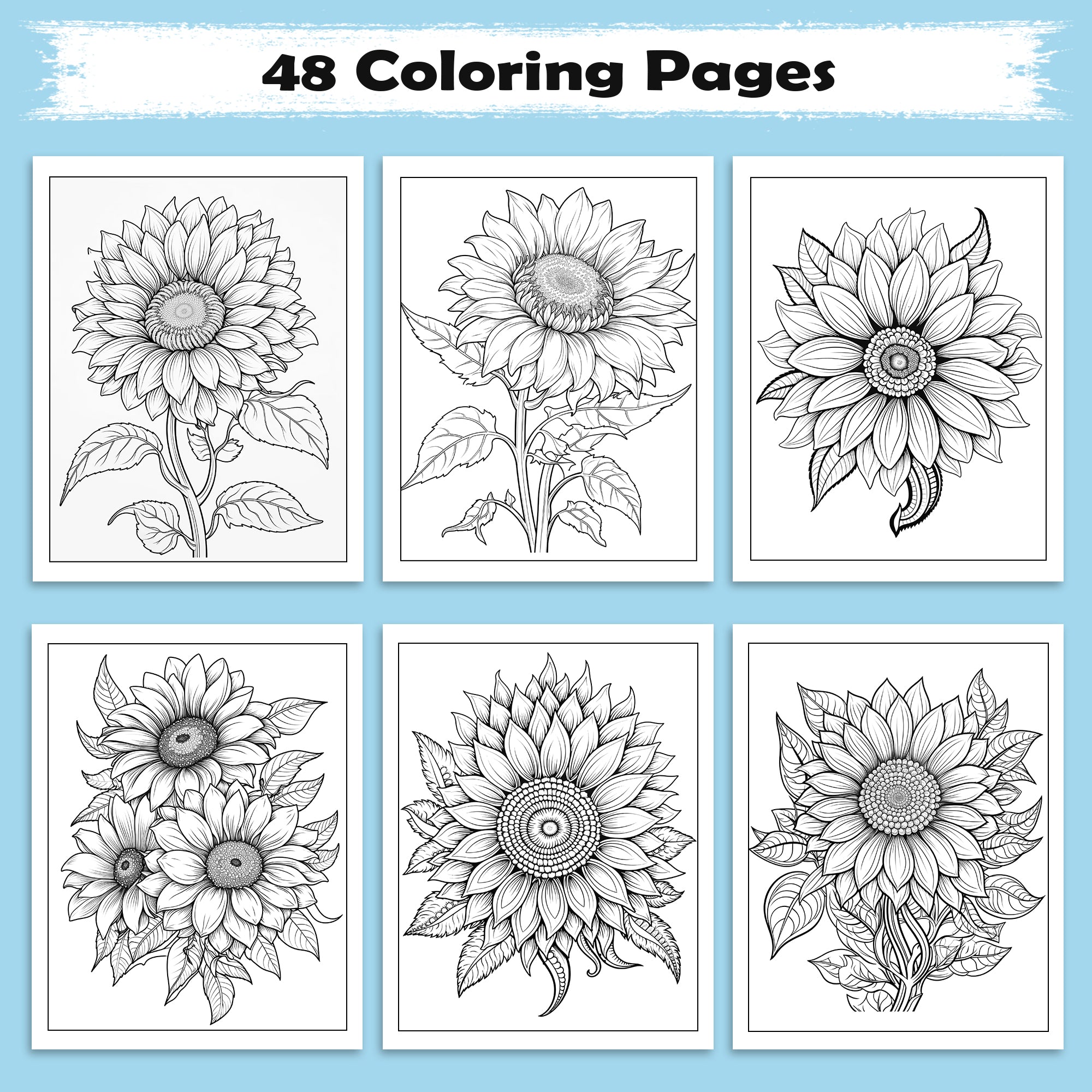Sunflower Bloom Mandala Coloring Pages – 48 Floral Line Art for Adults
