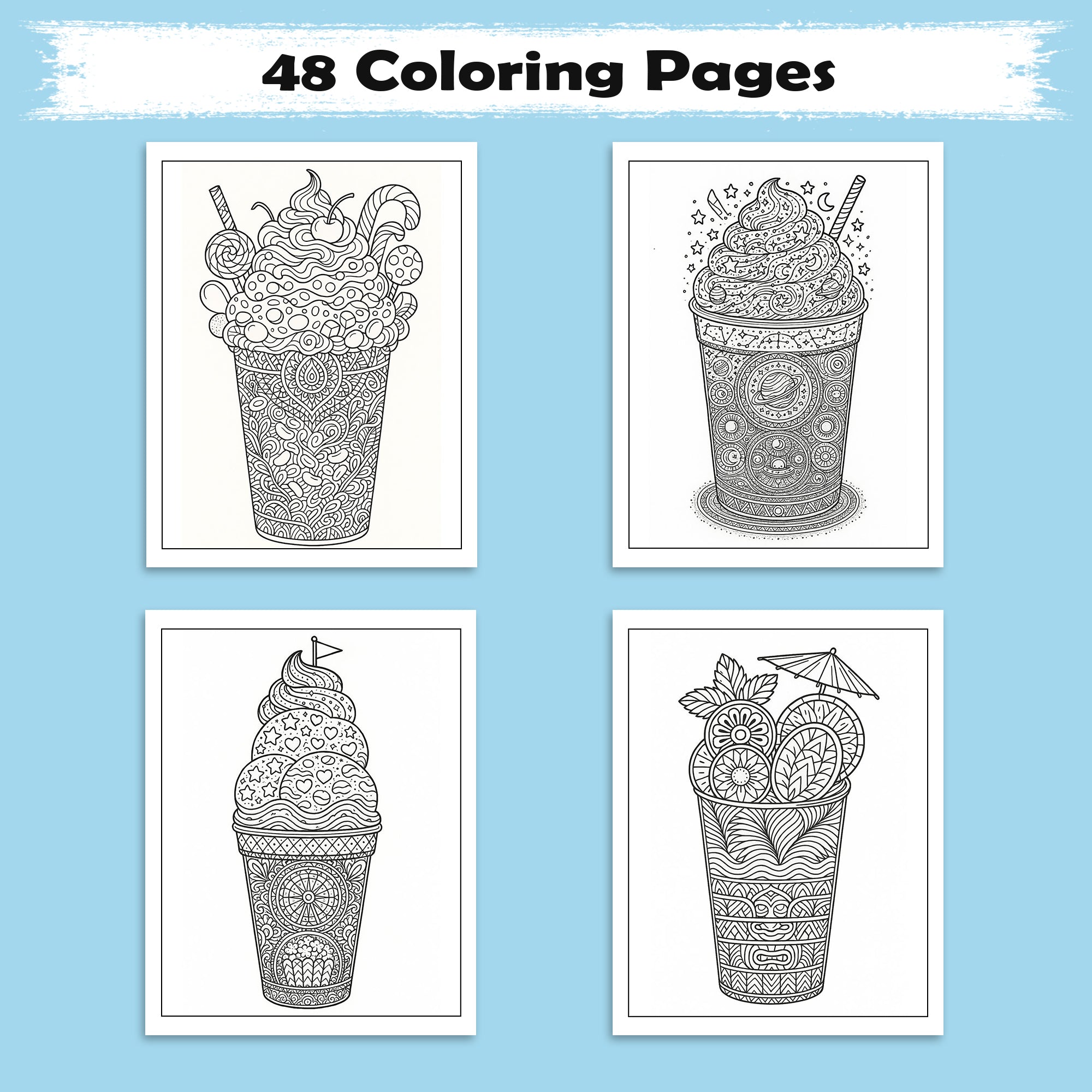Fantasy Desserts & Drinks Mandala Coloring Pages – 48 Intricate Tropical and Space-Themed Treats for Adults