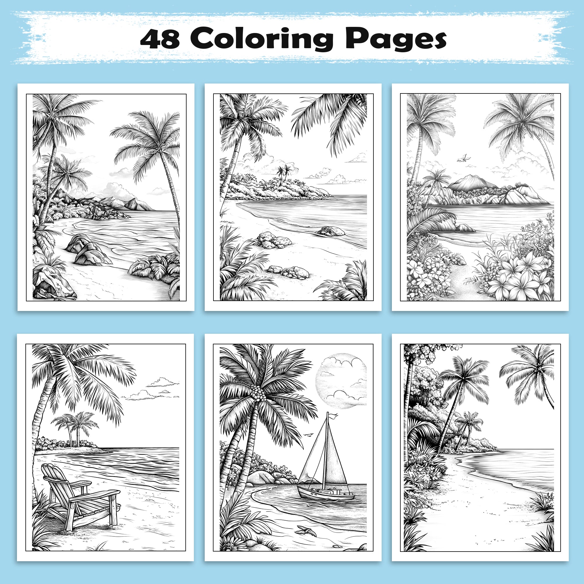 Tropical Shores of Hawaii Coloring Pages – 48 Beach Scenes and Island Life – For Adults