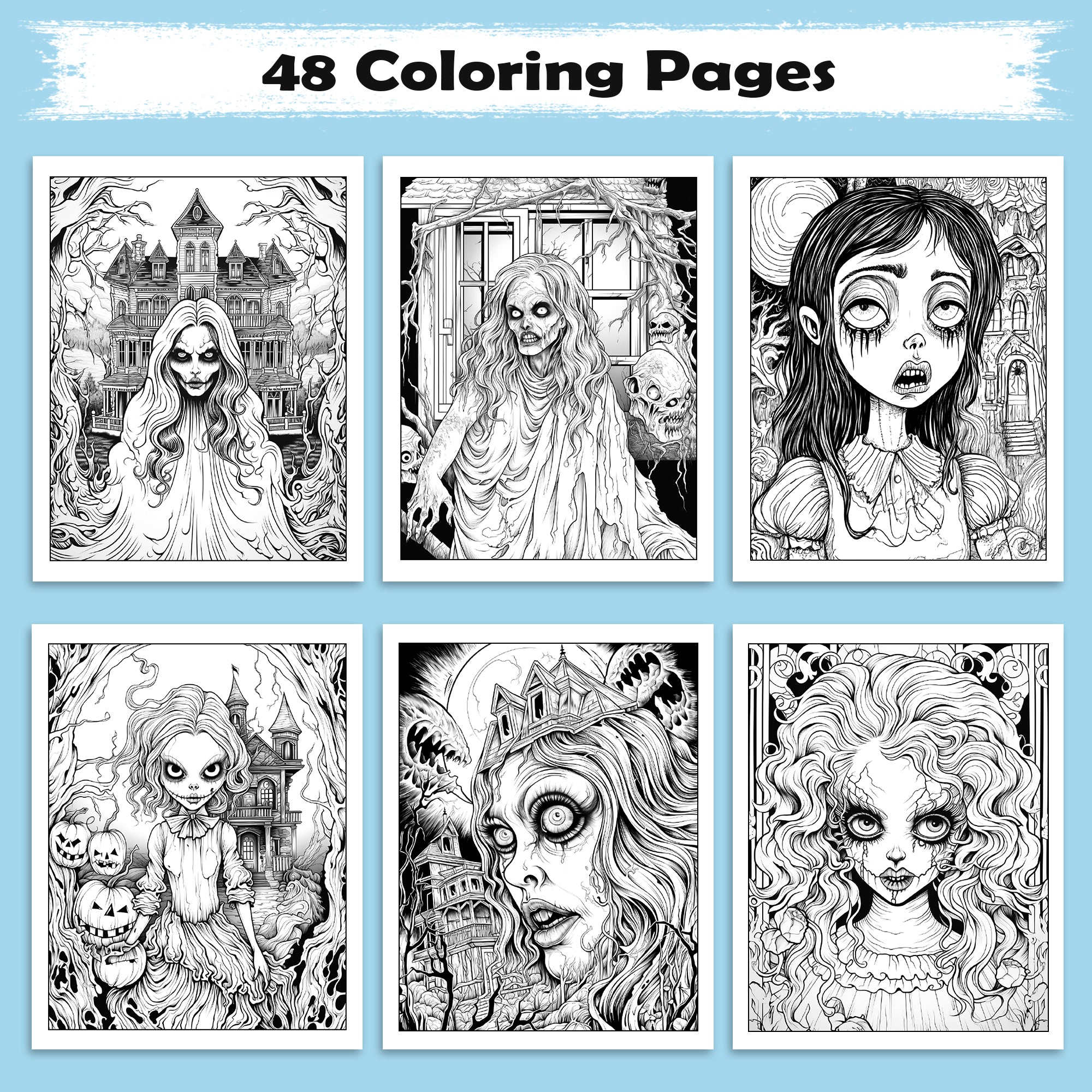 Broken Innocence Coloring Pages – 48 Pages – Creepy Doll Portraits, Cracked Porcelain Faces & Gothic Aesthetic – For Adults