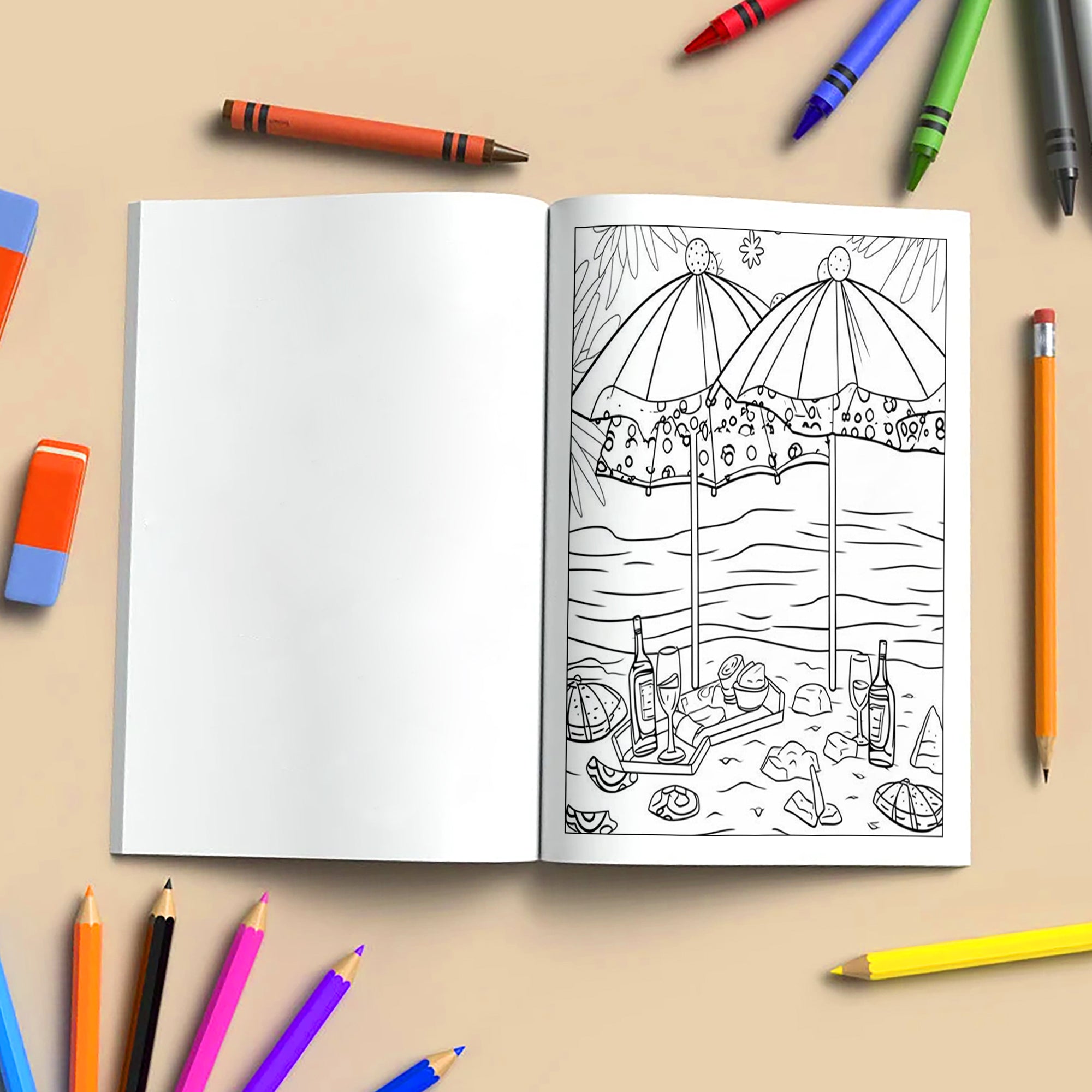 Tropical Picnic Escape Coloring Page – 48 Pages – Beach Picnic Theme – For Adults