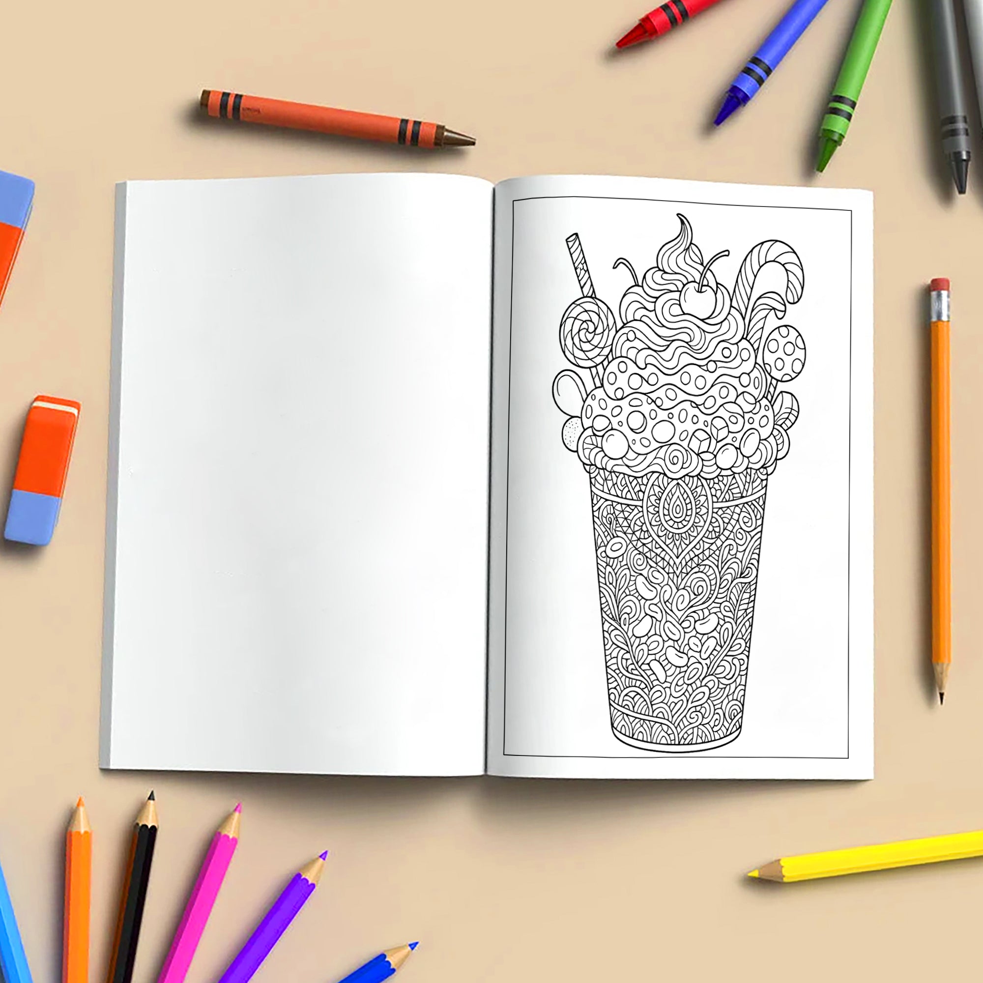 Fantasy Desserts & Drinks Mandala Coloring Pages – 48 Intricate Tropical and Space-Themed Treats for Adults