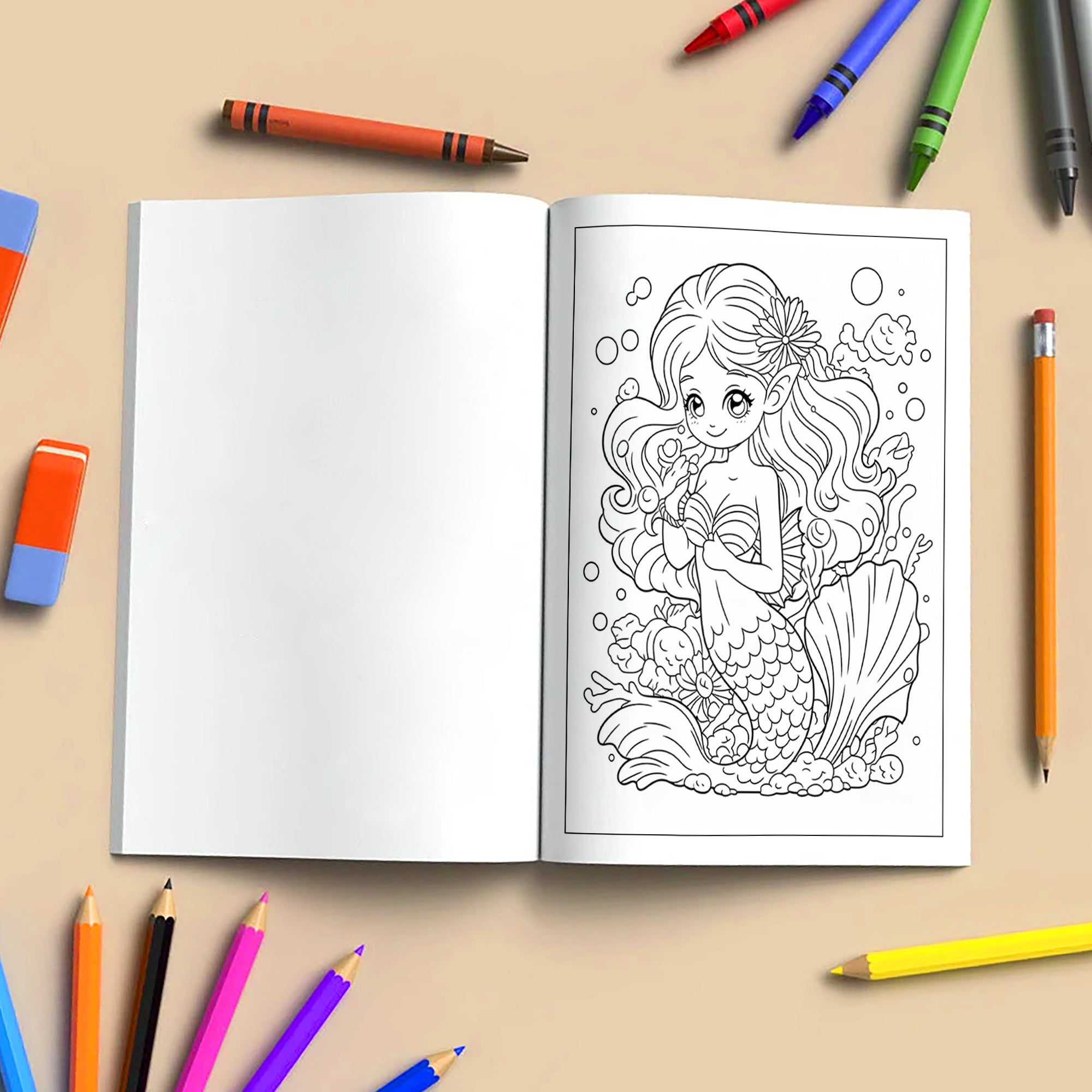 Kawaii Mermaid Magic Coloring Pages – 48 Pages – Cute Ocean, Mermaid, and Sea Life Designs – For Kids
