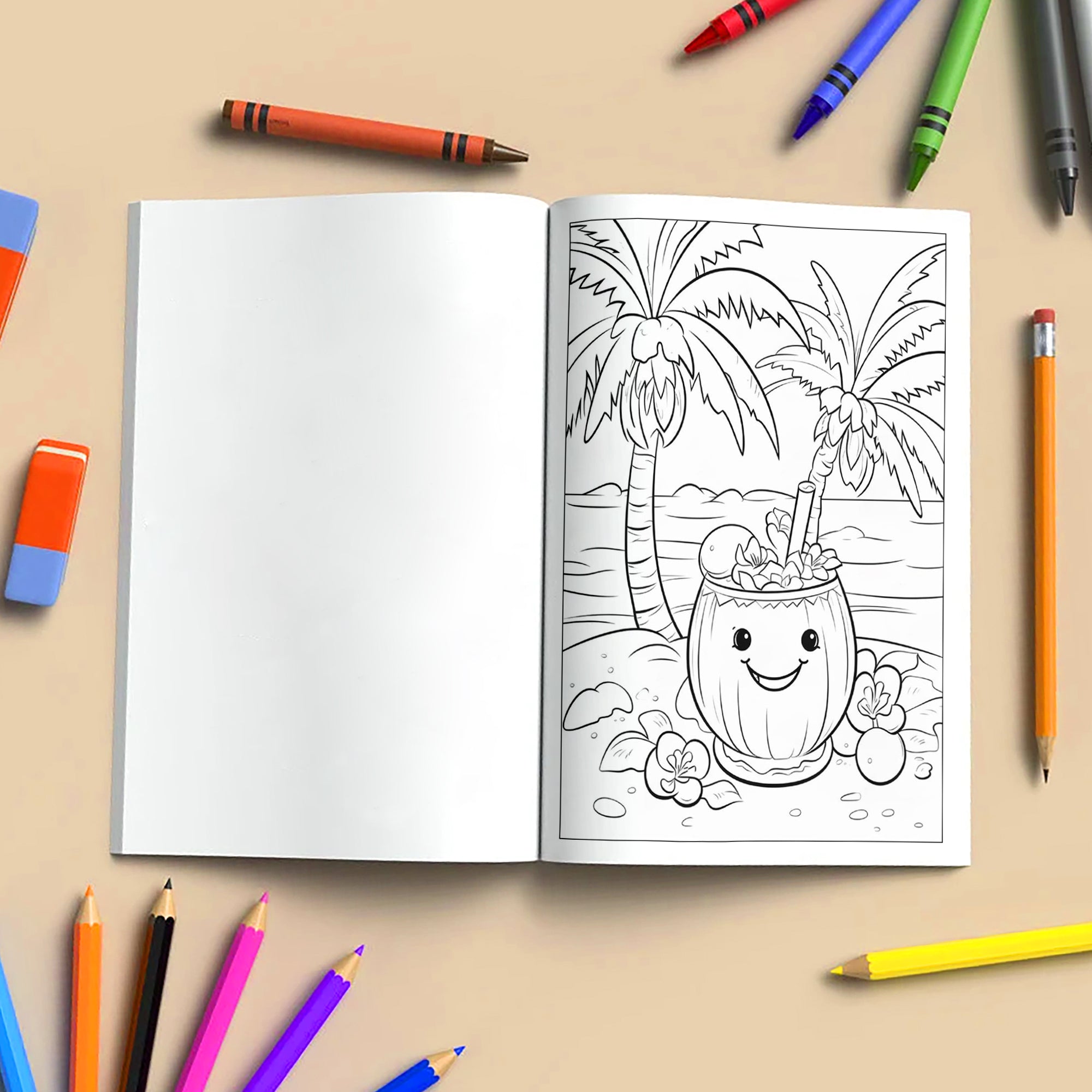 Tropical Whispers of Hawaii Coloring Pages – 48 Serene Island Scenes with Flamingos, Coconuts, and Cats – For Adults