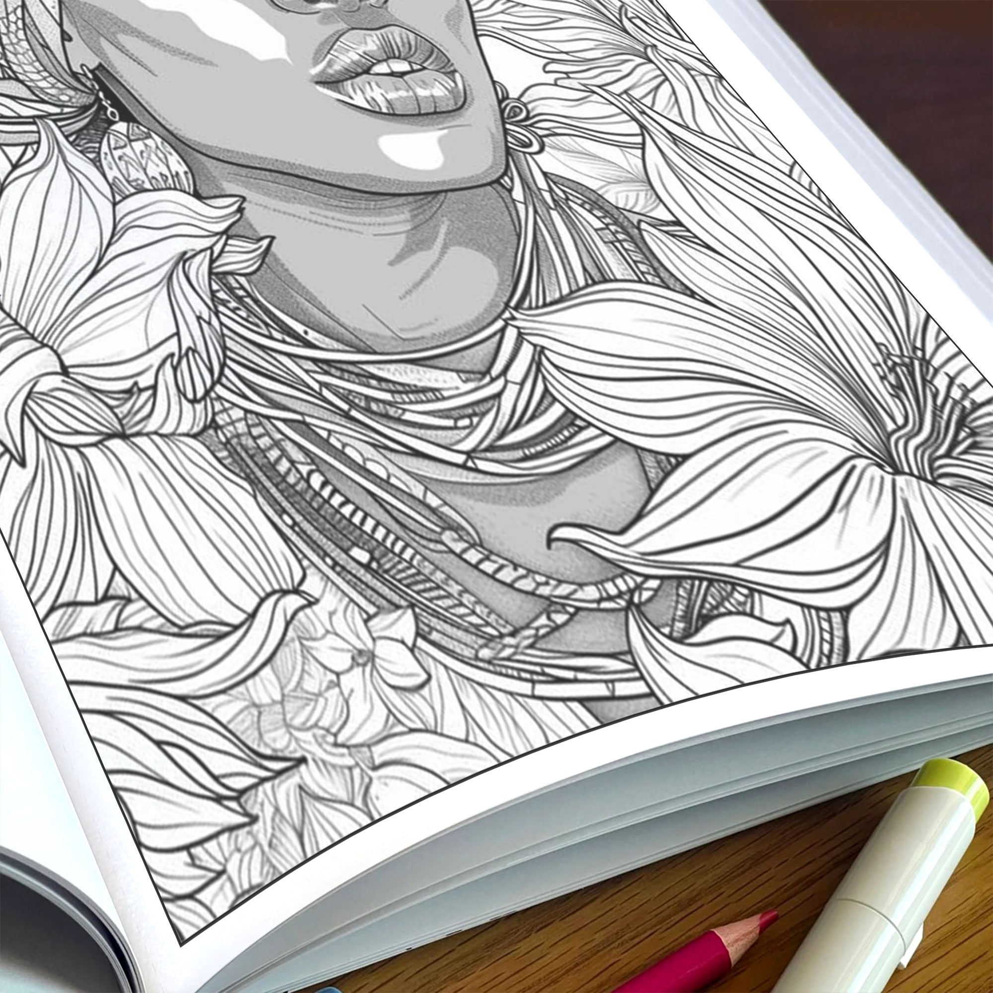 Crowned in Culture Coloring Pages – 48 Pages – African-Inspired Fashion & Natural Beauty for Adults