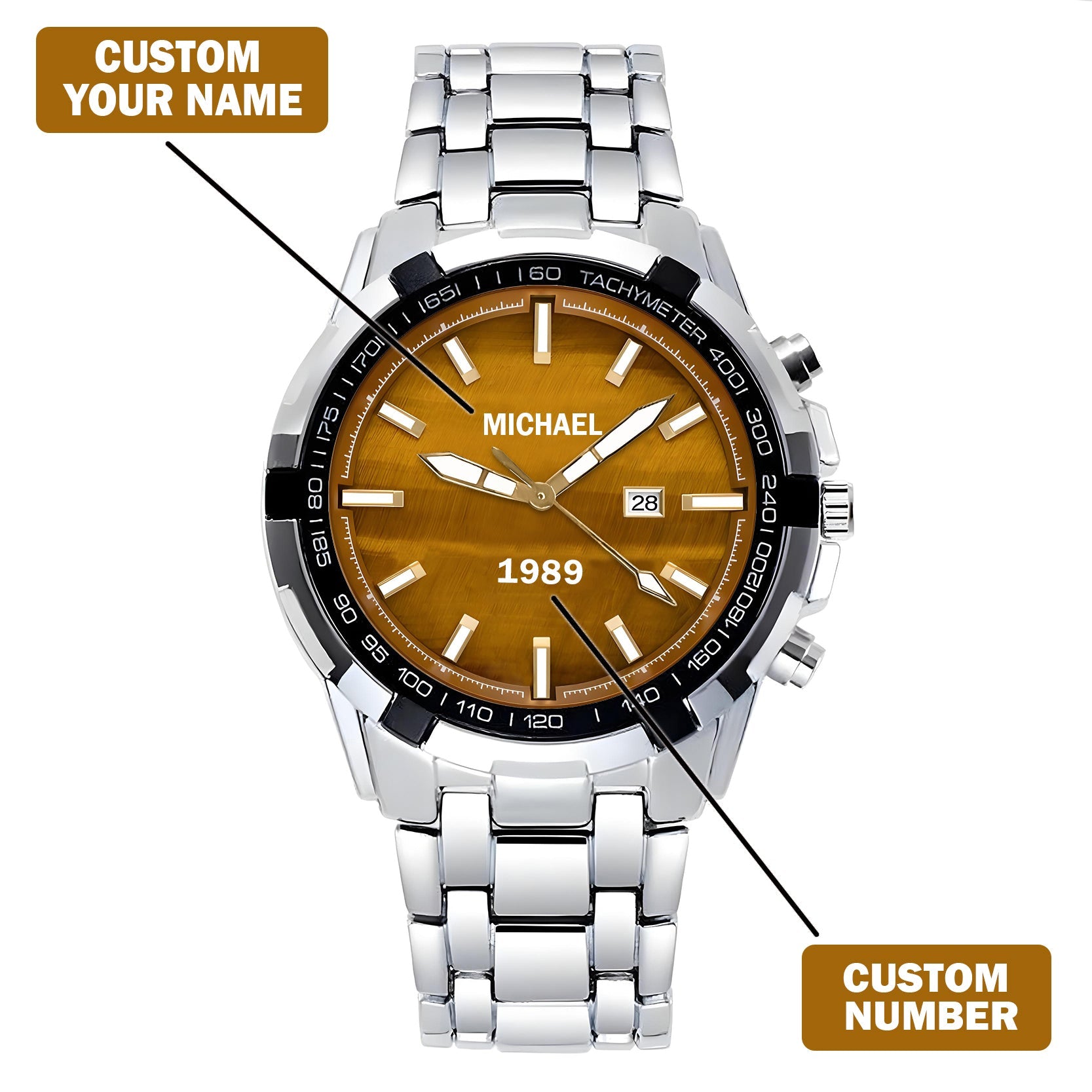 Custom Wrist Watches For Men - Tiger's Eye Brown Dial