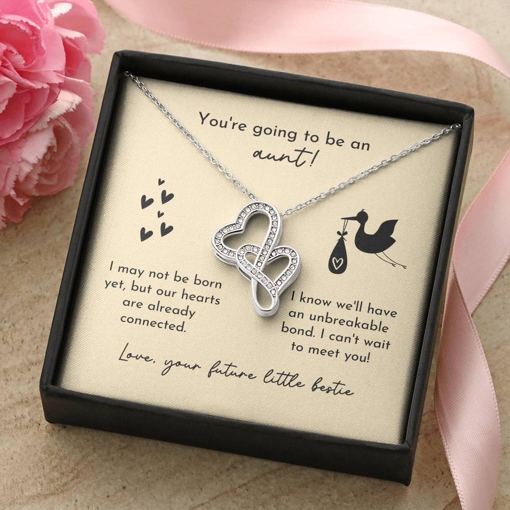 Aunt To Be Birth Announcement Double Hearts  Yellow Stork Double Hearts Necklace